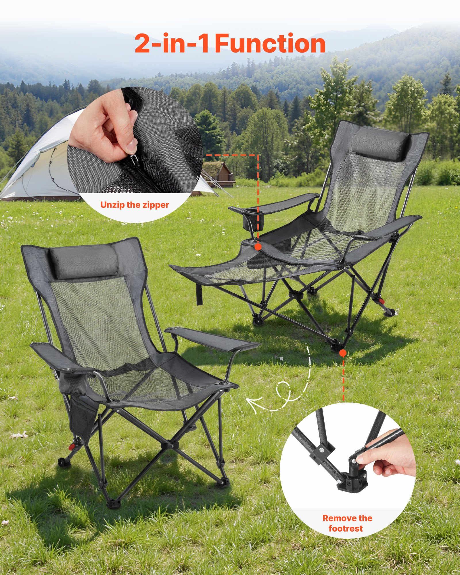 VEVOR Campingstuhl faltbar, Liegestuhl mit 4 verstellbaren Positionen, Relaxsessel Liege mit Getränkehalter, Netz-Strandstuhl mit Kopfstütze & Fußstütze, trägt 100 kg, für Outdoor Camping, grau