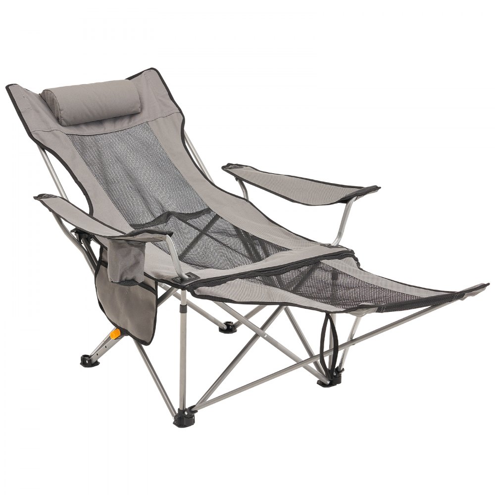 VEVOR Campingstuhl, Campingliege bis 150 kg belastbarer Klappstuhl mit Fußstütze, Getränkehalter, Seitentasche und Kopfstütze, Liege für Camping, Angeln und Outdoor-Aktivitäten, Grau