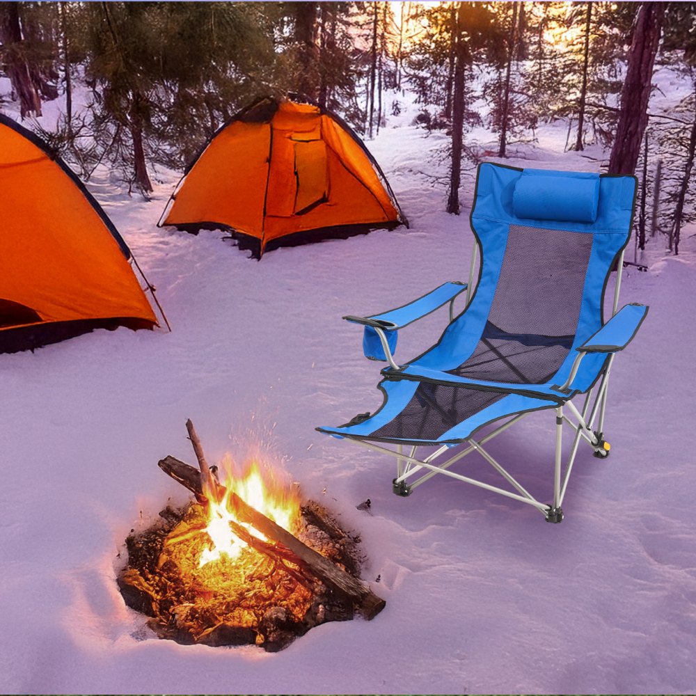 VEVOR Campingstuhl, Campingliege 150 kg, Gartenstuhl mit 4 Belastungspositionen, mit Fußstütze, Getränkehalter, Seitentasche und Kopfstütze, für Camping, Angeln und Outdoor-Aktivitäten, Blau
