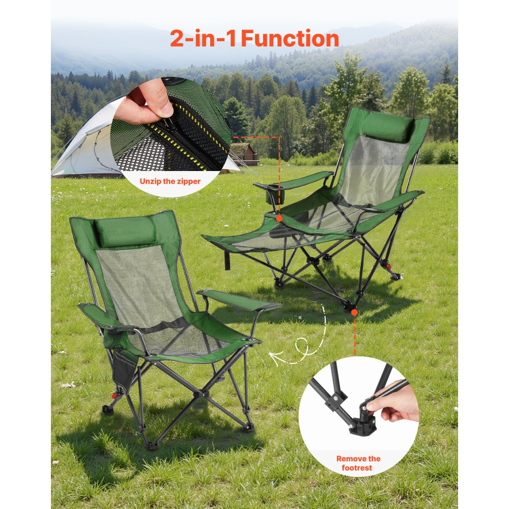 VEVOR Campingstuhl faltbar, Liegestuhl mit 4 verstellbaren Positionen, Relaxsessel Liege mit Getränkehalter, Netz-Strandstuhl mit Kopfstütze & Fußstütze, trägt 100 kg, für Outdoor Camping, grün