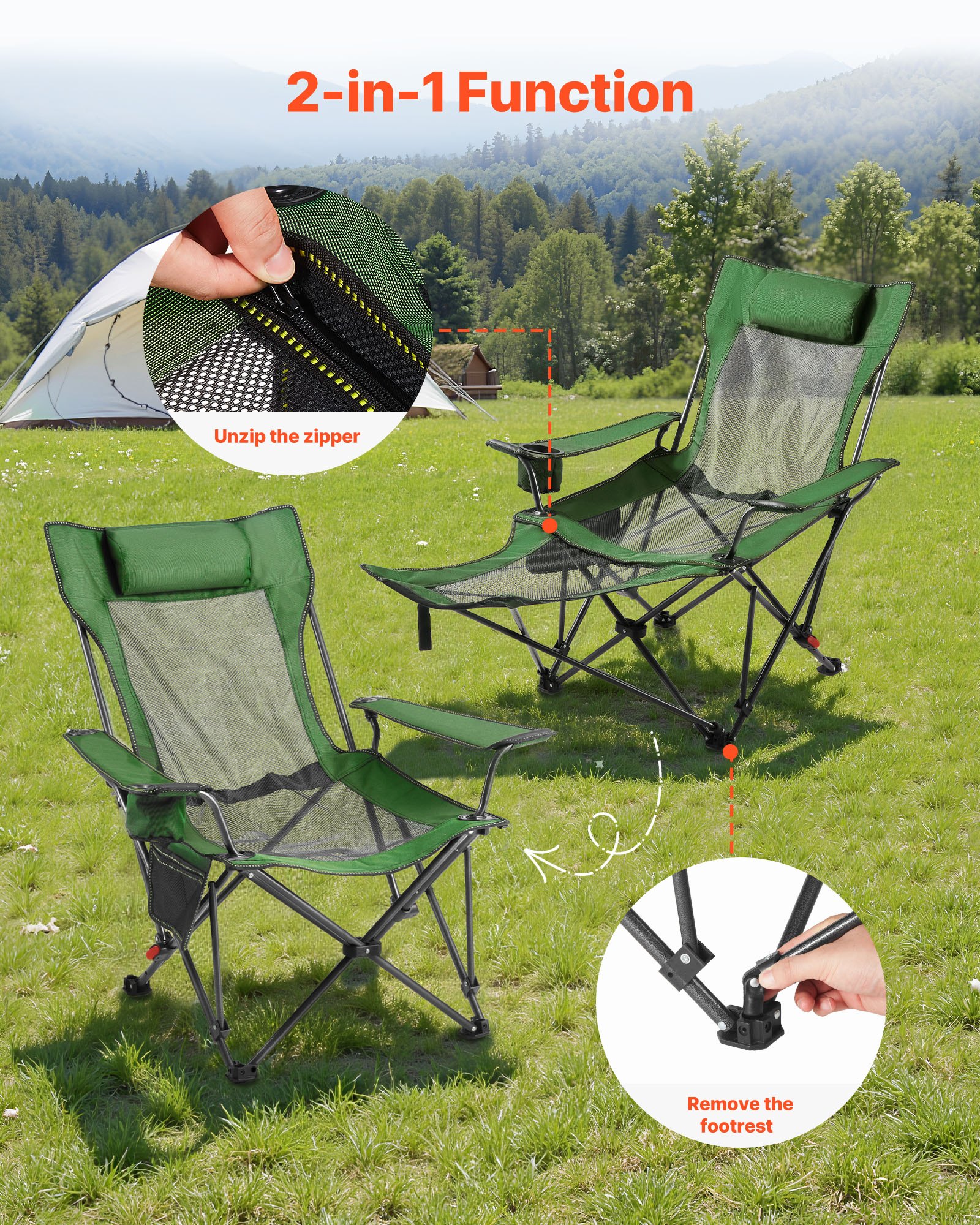 VEVOR Campingstuhl faltbar, Liegestuhl mit 4 verstellbaren Positionen, Relaxsessel Liege mit Getränkehalter, Netz-Strandstuhl mit Kopfstütze & Fußstütze, trägt 100 kg, für Outdoor Camping, grün