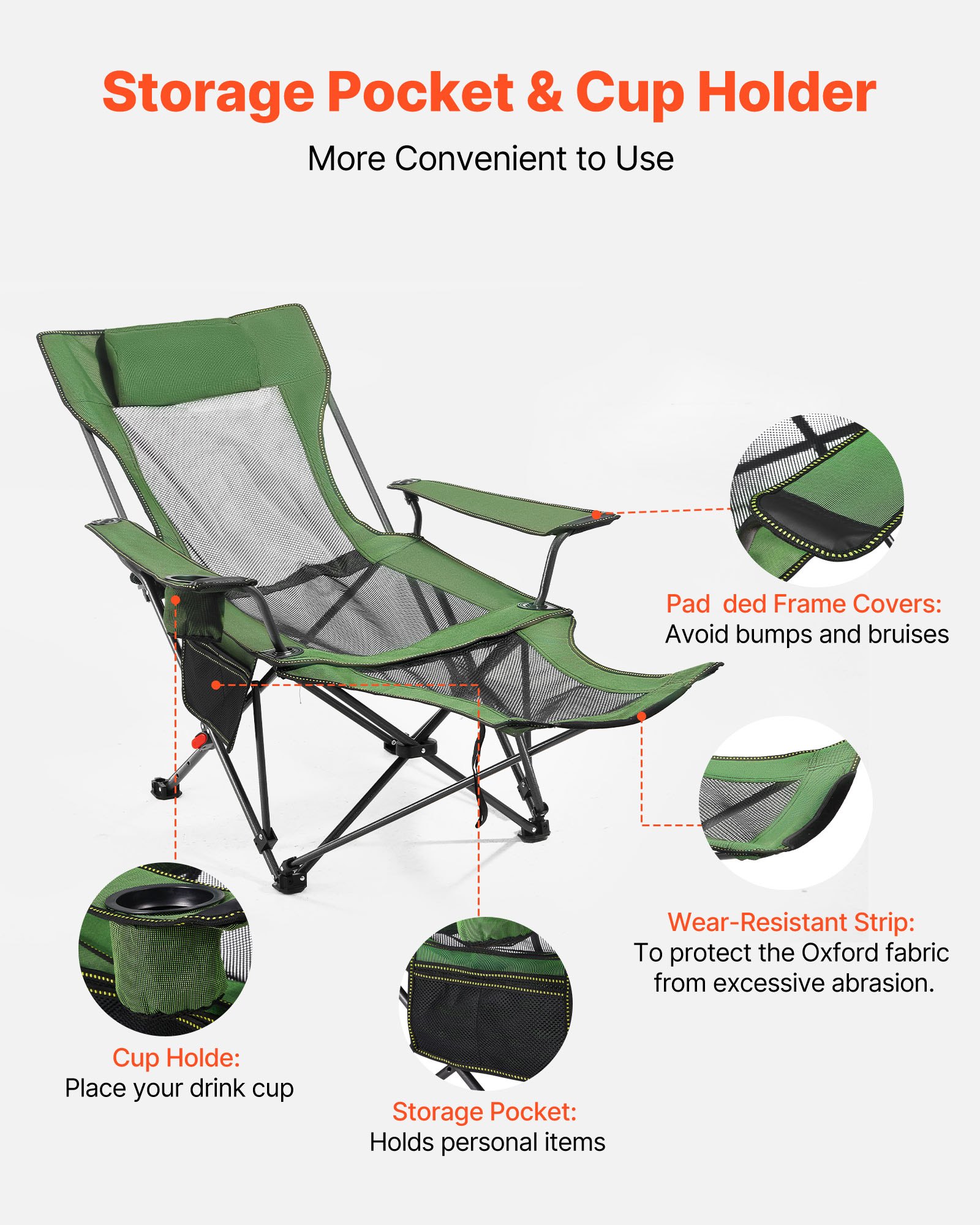 VEVOR Campingstuhl faltbar, Liegestuhl mit 4 verstellbaren Positionen, Relaxsessel Liege mit Getränkehalter, Netz-Strandstuhl mit Kopfstütze & Fußstütze, trägt 100 kg, für Outdoor Camping, grün