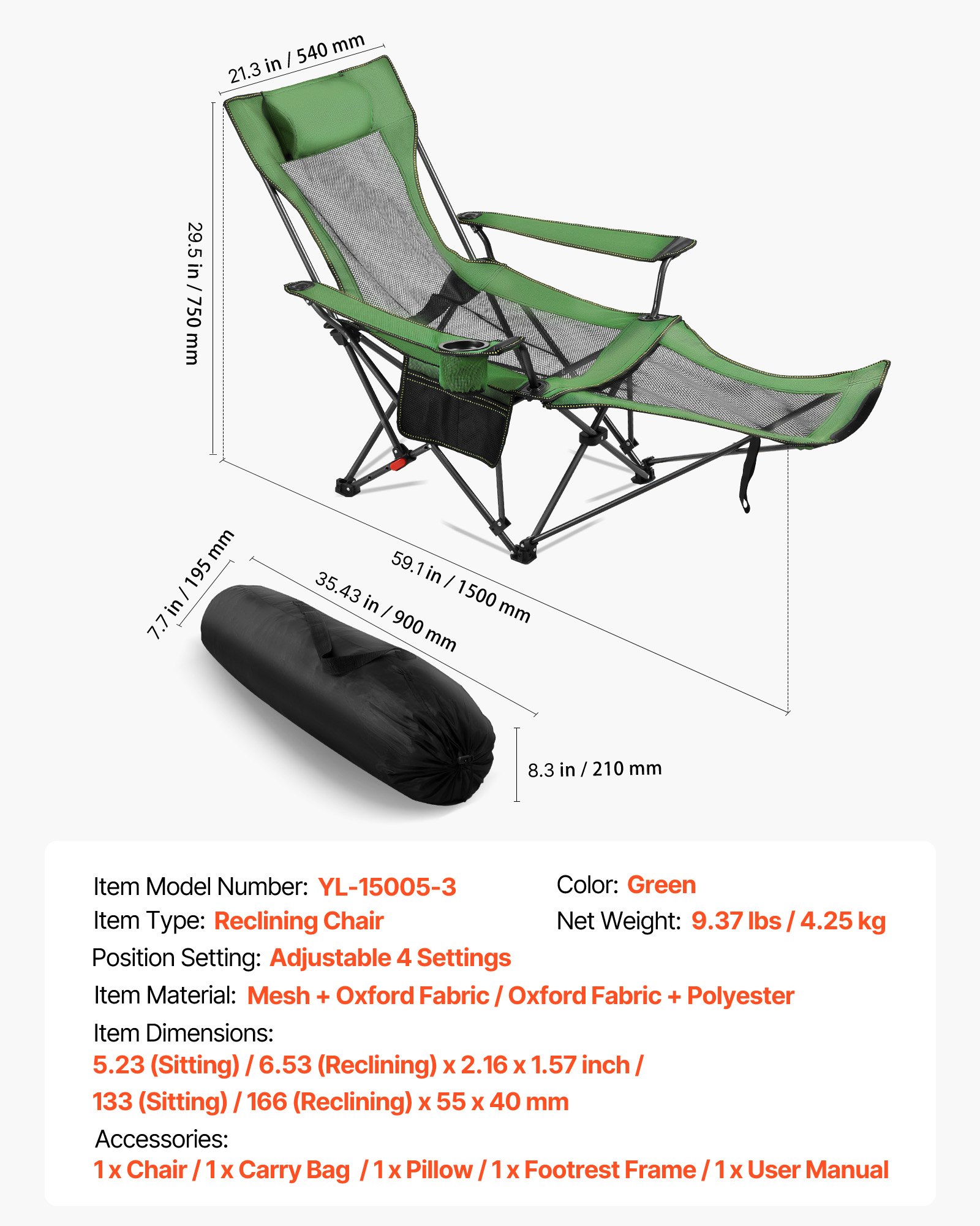 VEVOR Campingstuhl faltbar, Liegestuhl mit 4 verstellbaren Positionen, Relaxsessel Liege mit Getränkehalter, Netz-Strandstuhl mit Kopfstütze & Fußstütze, trägt 100 kg, für Outdoor Camping, grün