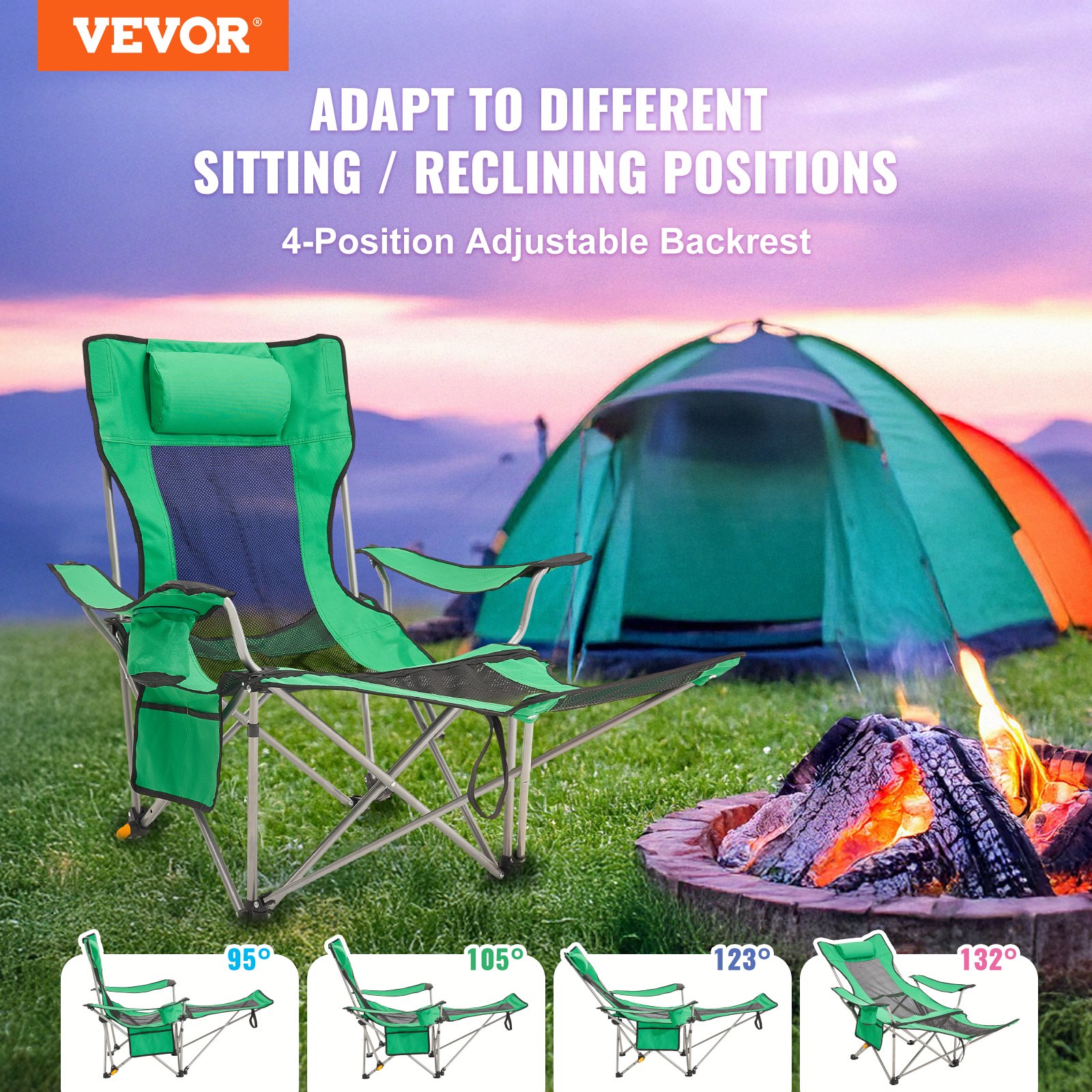 VEVOR Camping Chair 150 kg, Camping Lounger, 4-Way Load-Bearing Garden Chair with Footrest, Drink Holder, Side Pocket and Headrest, Folding Chair for Camping, Fishing and Outdoor Activities, Green