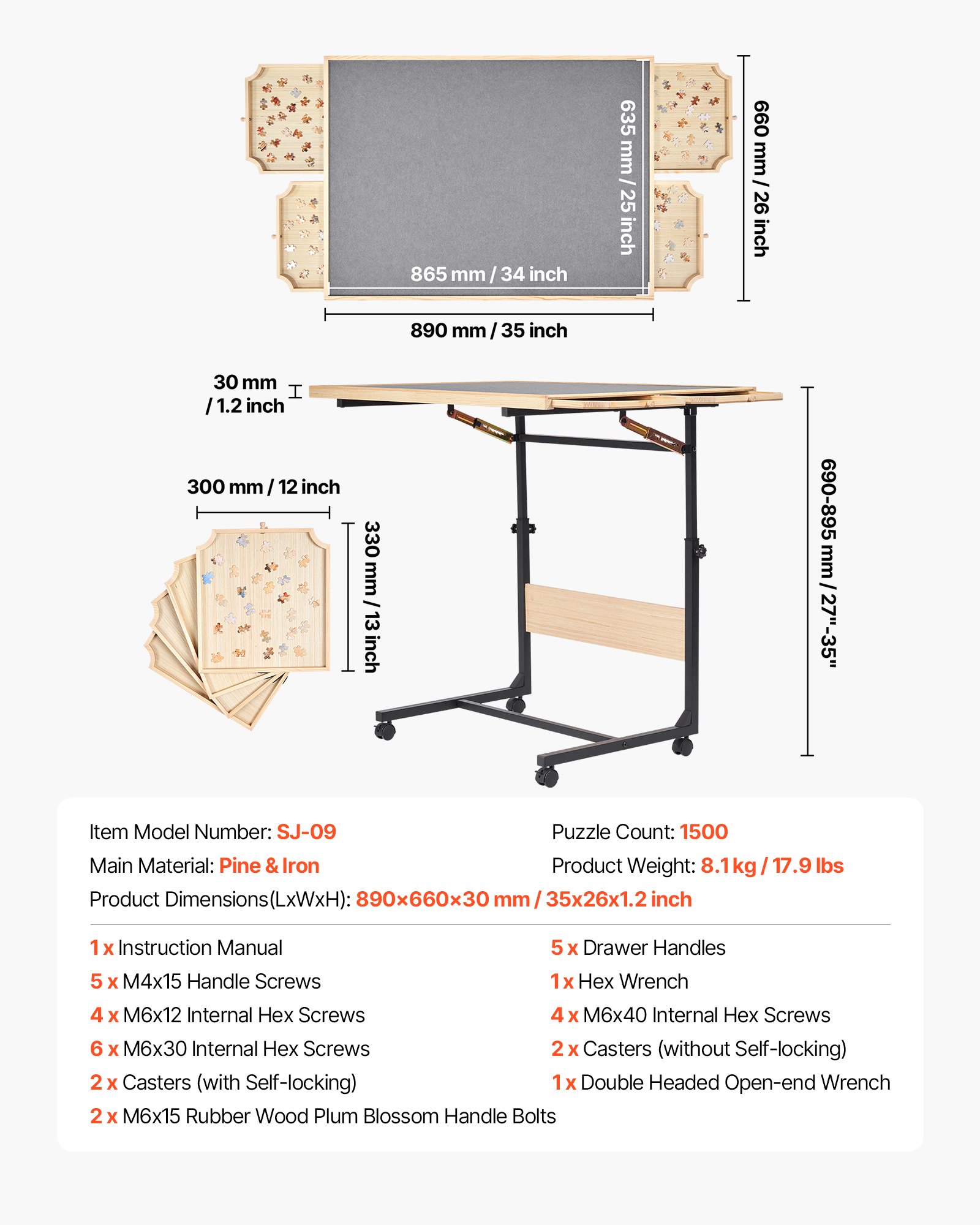 VEVOR 1500-tlg. Rollbares Puzzlebrett mit 4 Schubladen & Abdeckung, tragbarer Puzzletisch (865 x 635 mm), Puzzle-Zubehör für Erwachsene, Puzzle-Organizer-Aufbewahrungssystem Puzzle Boards