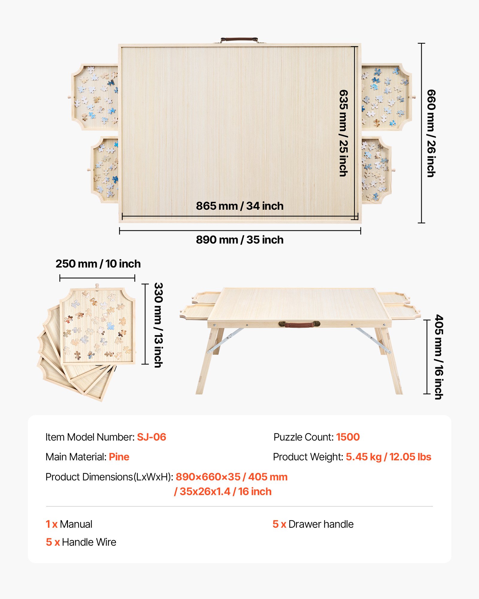 VEVOR 1500-teiliges Puzzlebrett mit 4 Schubladen & Abdeckung & klappbaren Beinen, tragbarer Puzzletisch (865 x 635 mm), Puzzle-Zubehör für Erwachsene, Puzzle-Aufbewahrungssystem Puzzle Boards
