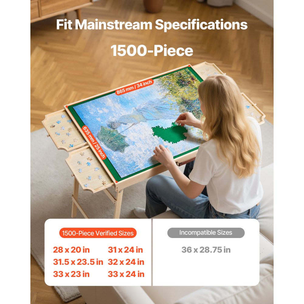 VEVOR 1500-tlg. Puzzlebrett mit 5 Schubladen & Abdeckung & klappbaren Beinen & verstellbarer Neigungswinkel, Puzzletisch (865 x 635 mm) für Erwachsene, Puzzle-Aufbewahrungssystem Puzzle Boards