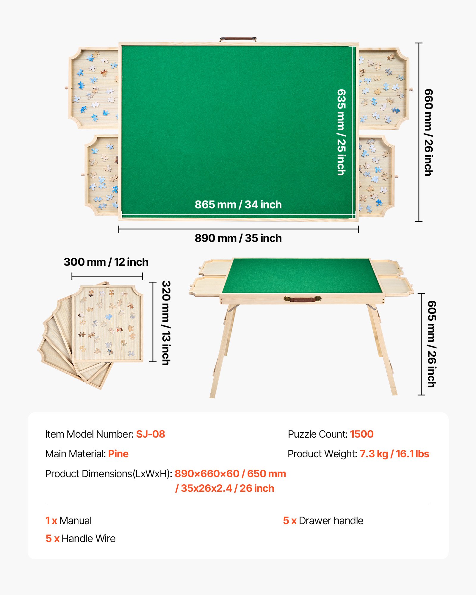 VEVOR 1500-tlg. Puzzlebrett mit 5 Schubladen & Abdeckung & klappbaren Beinen & verstellbarer Neigungswinkel, Puzzletisch (865 x 635 mm) für Erwachsene, Puzzle-Aufbewahrungssystem Puzzle Boards
