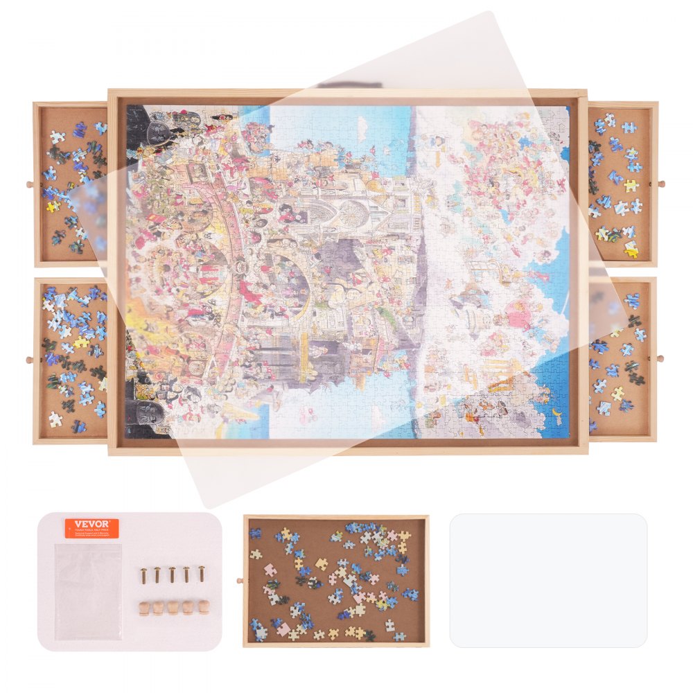 VEVOR Klappbarer Puzzletisch Puzzle Brett 1500 Teile, Puzzle Staffelei Kiefer Tragbarer Puzzletisch, Puzzel Board mit 4 Ausziehbaren Schubladen, Puzzlespaß Spielspaß für Erwachsene & Kinder