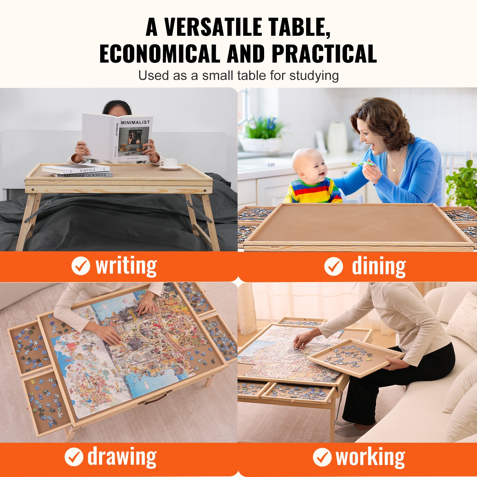 VEVOR Klappbarer Puzzletisch Puzzle Brett 1500 Teile, Puzzle Staffelei Kiefer Tragbarer Puzzletisch, Puzzel Board mit 4 Ausziehbaren Schubladen, Puzzlespaß Spielspaß für Erwachsene & Kinder