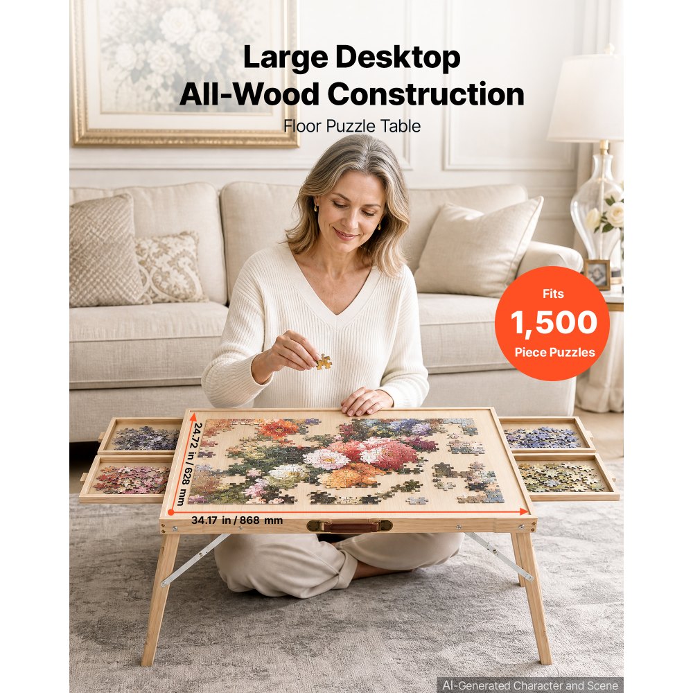 VEVOR Puzzletisch mit 1500 Teilen Klappbaren Beinen 4 Schubladen 868 x 628 mm für Erwachsene beim Puzzeln, mit Passgenauer Abdeckplatte (PVC) gegen Schmutz und Erhöhtem Rand gegen das Verrutschen