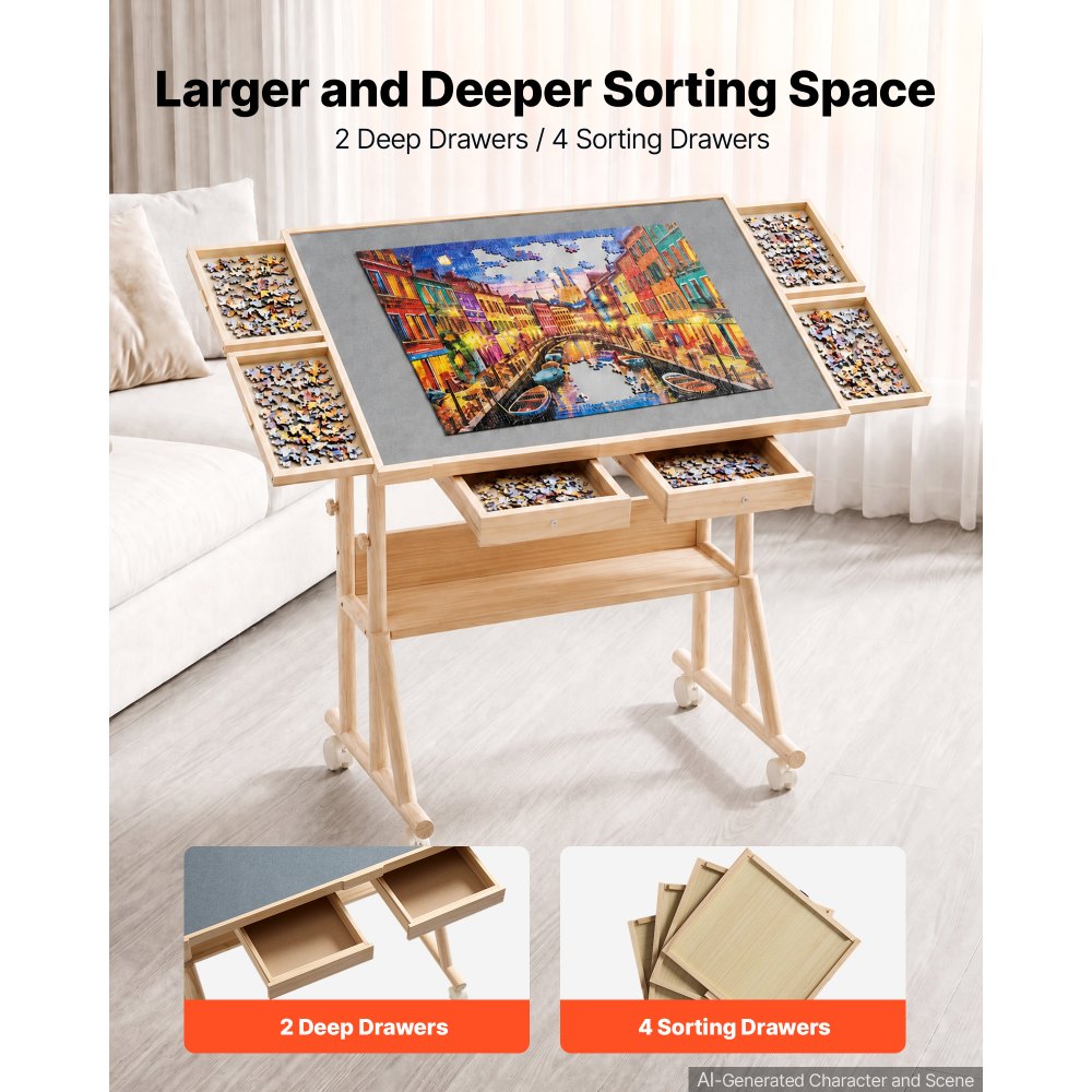 VEVOR Puzzletisch mit 1500 Teilen 4 Sortierschubladen 918 x 660 x 740 mm für Erwachsene beim Puzzeln, mit Neigungsstütze, Rutschhemmendem Filzbezug, PVC-Abdeckplatte und Lenkrollen, Höhenverstellung
