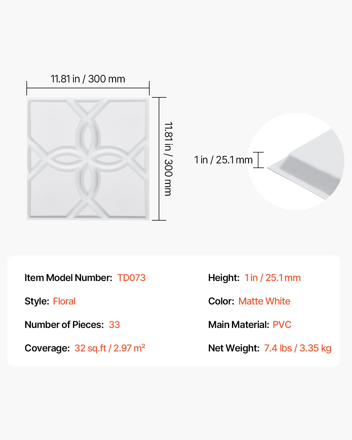 VEVOR 3D-Wandpaneele, 33er-Set 30x30 cm PVC-Wandverkleidung im modernen minimalistischen Blumendesign, Wanddeko, Inneneinrichtung für Schlafzimmer, Wohn- und Spielzimmer, Mattweiß