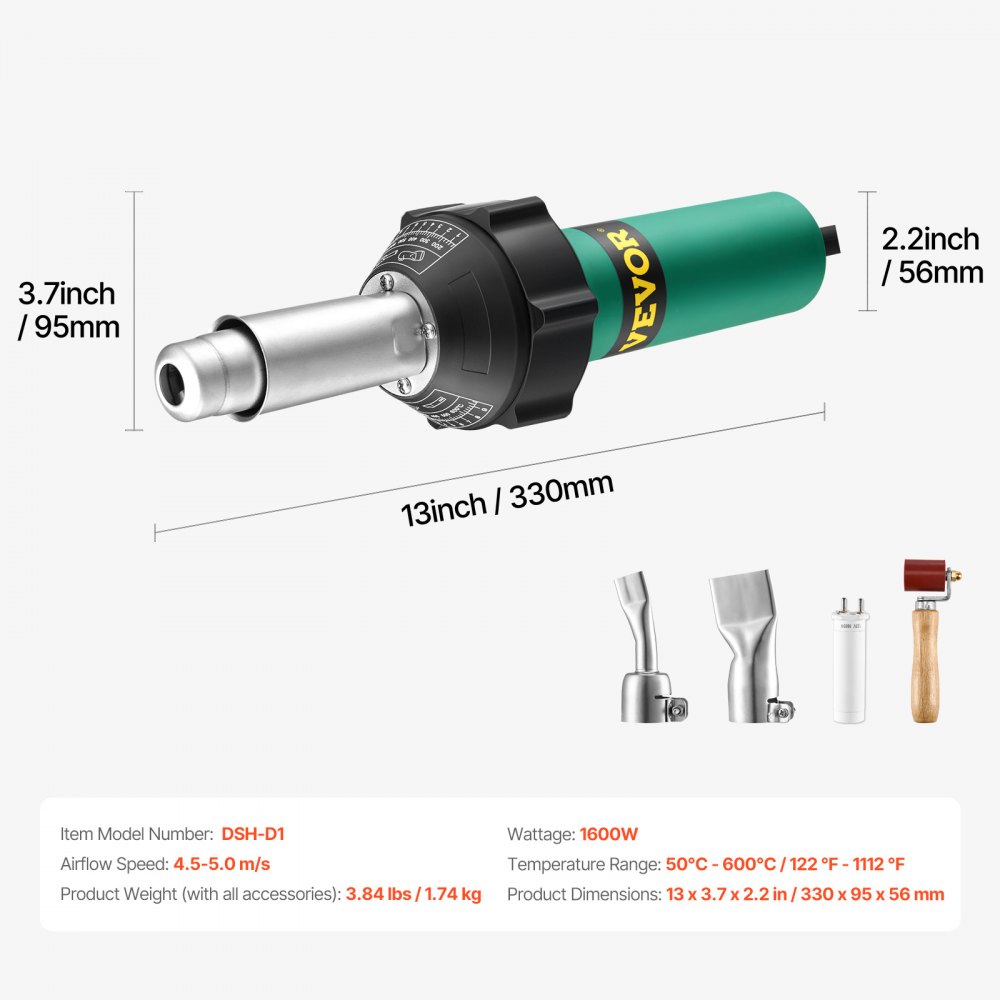 VEVOR Heißluft-Kunststoffschweißgerät, 1600 W Heißluftpistole, 50–600 °C PVC TPO Vinyl Schweißpistole Kunststoff, Hot Air Welder mit 4 Zubehörteilen – 2 Düsen & 1 Nahtrolle für PP/PE/PVC-Platten
