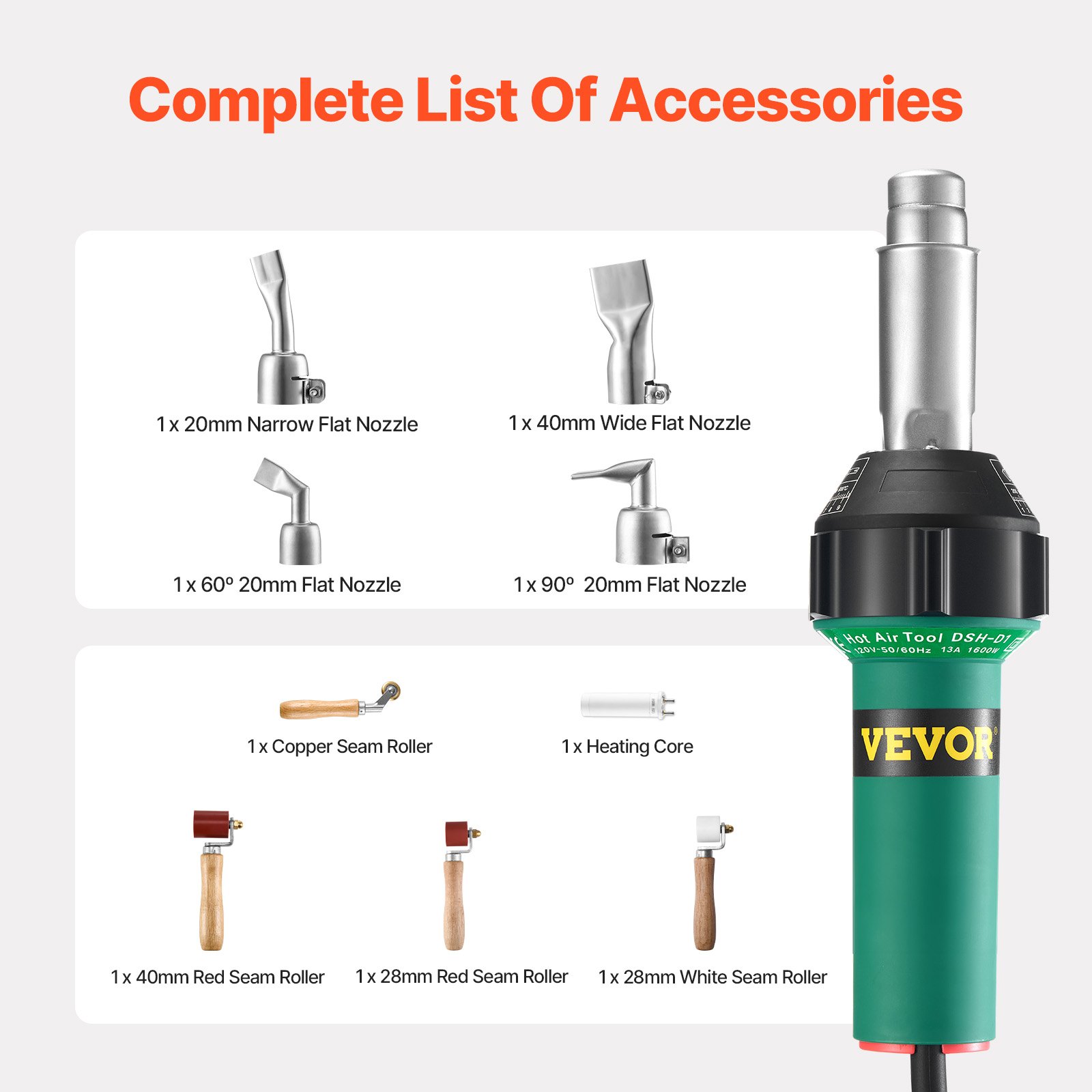 VEVOR Heißluft-Kunststoffschweißgerät, 1600 W Heißluftpistole, 50–600 °C PVC TPO Vinyl Schweißbrenner, Hot Air Welder Set mit 9 Zubehörteilen – 4 Düsen und 4 Nahtrollen für PP/PE/PVC-Platten
