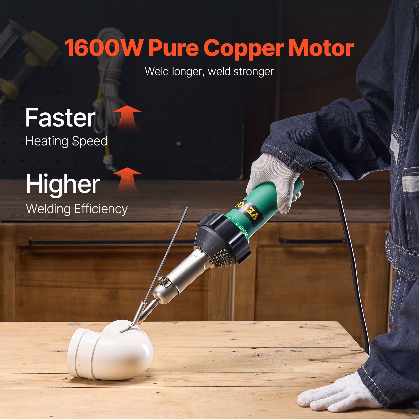 VEVOR Heißluft-Kunststoffschweißgerät, 1600 W Heißluftpistole, 50–600 °C PVC TPO Vinyl Schweißbrenner, Hot Air Welder Set mit 14 Zubehörteilen – Werkzeugkasten, Düse, Rolle, Klingen für PP/PE/PVC