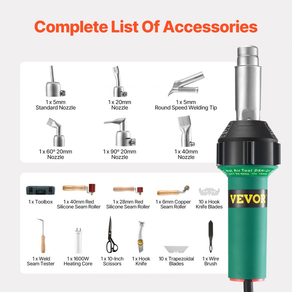 VEVOR Hot Air Plastic Welder, 1600W Hot Air Gun, 50-600°C PVC TPO Vinyl Welding Torch, Hot Air Welder Set with 17 Accessories - Tool Box, Nozzle, Roller, Blades for PP/PE/PVC