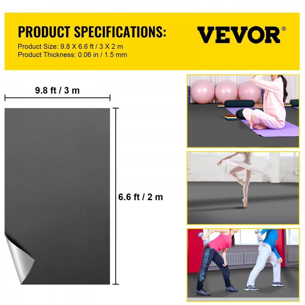 VEVOR Bodenbelag 6m2 Abdeckungsfläche Fußboden 2x3m Vinylboden 1,5mm Stärke PVC Vinyl Wasserfest Rutschfest Schneidbar Grau/Schwarz Ideal für professionelle Heimstudios Tanzstudios Fitnessstudios