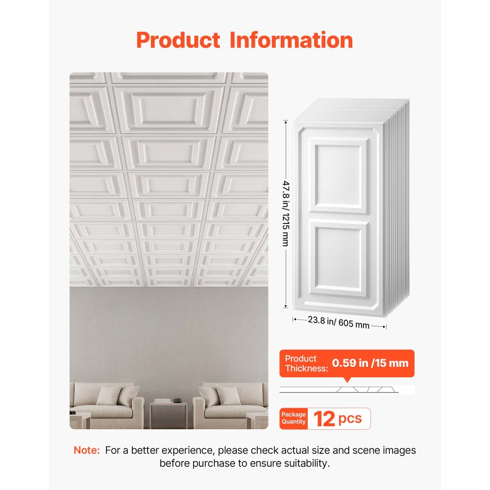 VEVOR 12 Stk. Deckenpaneele PVC-Deckenplatten Deckenfliesen 605x1215mm Weiß, 3D-Konstruktion, Stoßfest, Brandschutz, Zuschneidbar, Für Abgehängte Decke Geeignet, Moderne Innendekoration für Heim Büro
