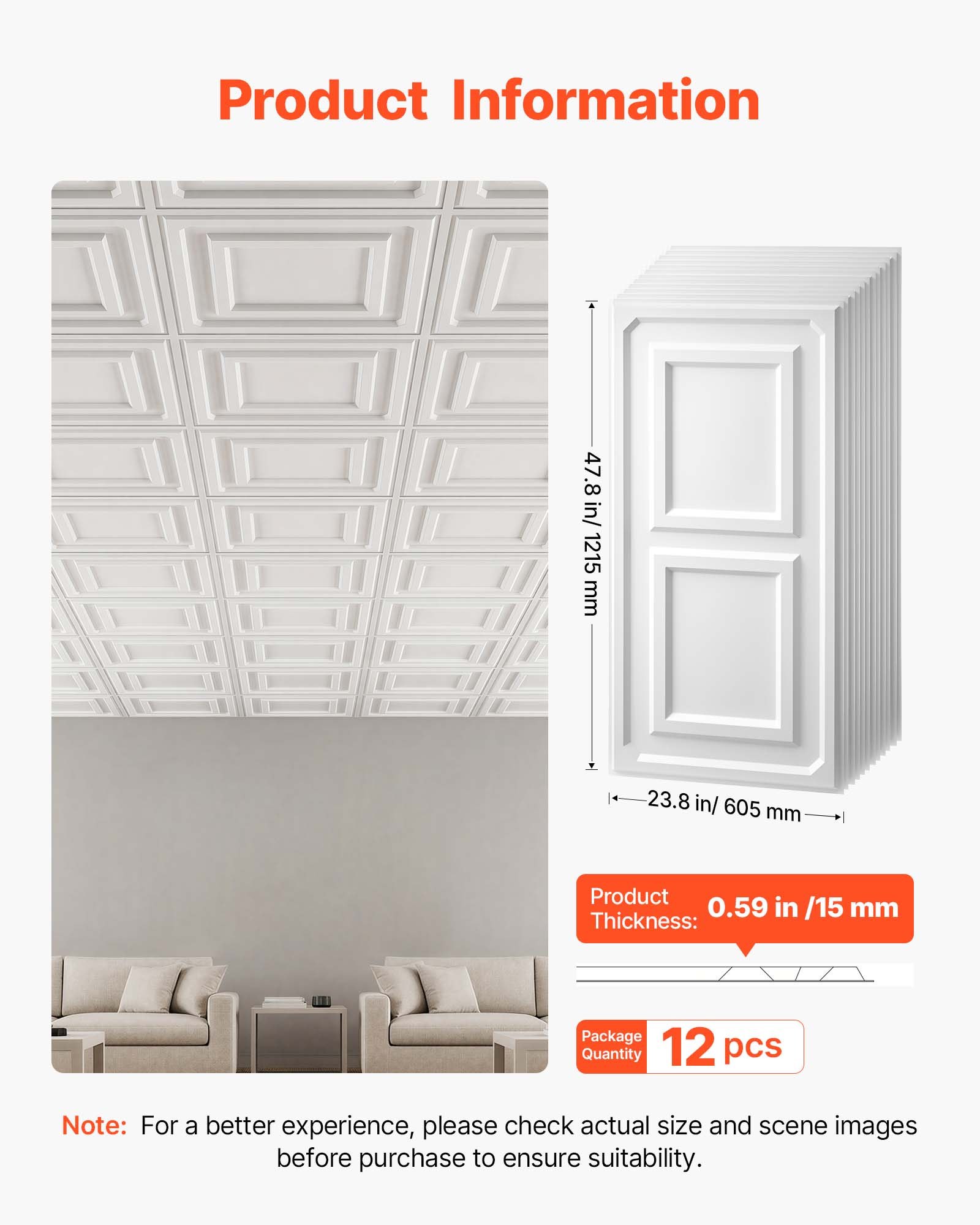VEVOR 12 Stk. Deckenpaneele PVC-Deckenplatten Deckenfliesen 605x1215mm Weiß, 3D-Konstruktion, Stoßfest, Brandschutz, Zuschneidbar, Für Abgehängte Decke Geeignet, Moderne Innendekoration für Heim Büro