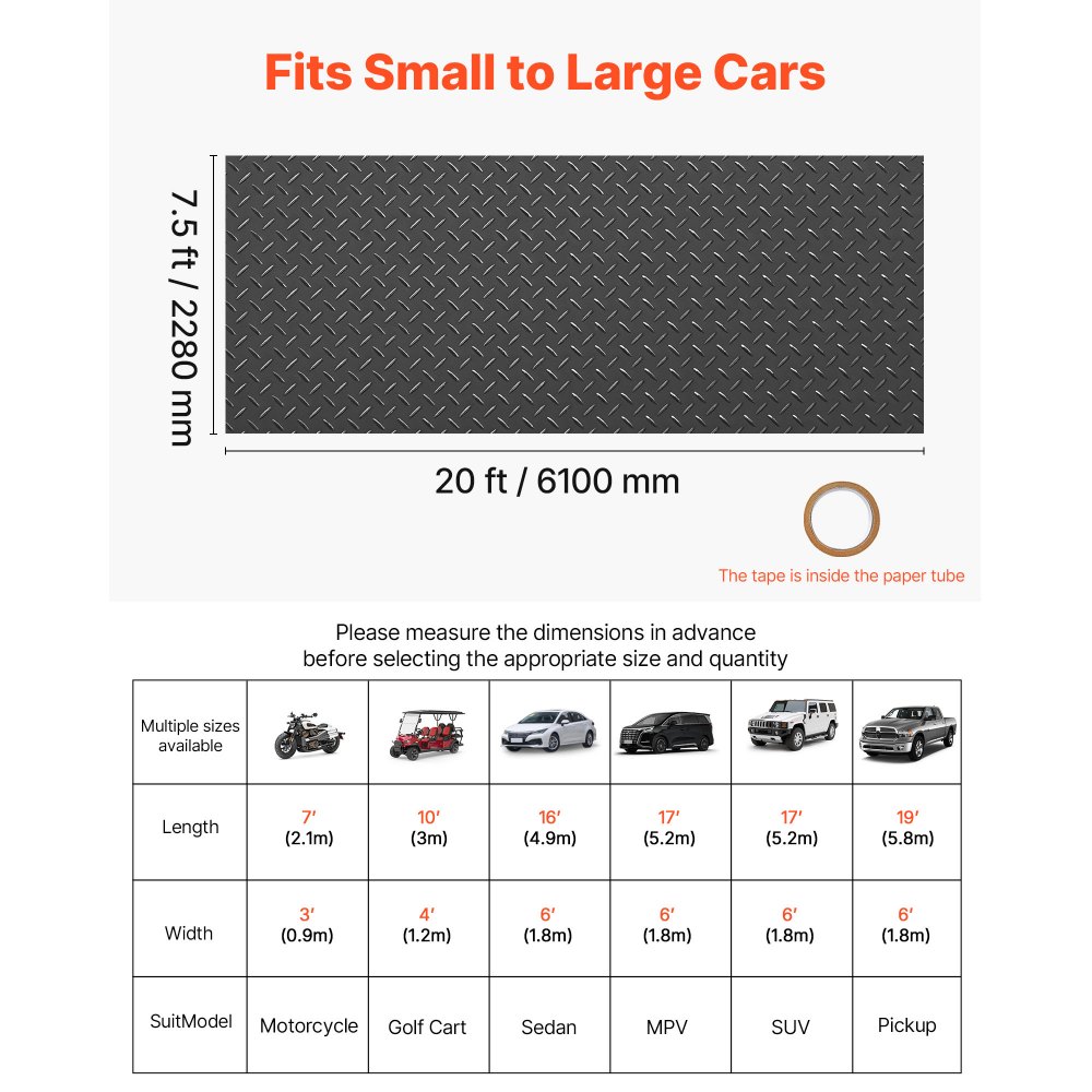 VEVOR Garagenbodenmatte, 2280x6100 mm Antirutschmatte, Meterware, 2,2 mm dicke PVC-Noppenmatte, Bodenschutzmatte mit doppelseitigem Klebeband, für Lager, Fitnessstudios, Anhänger, Schwarz