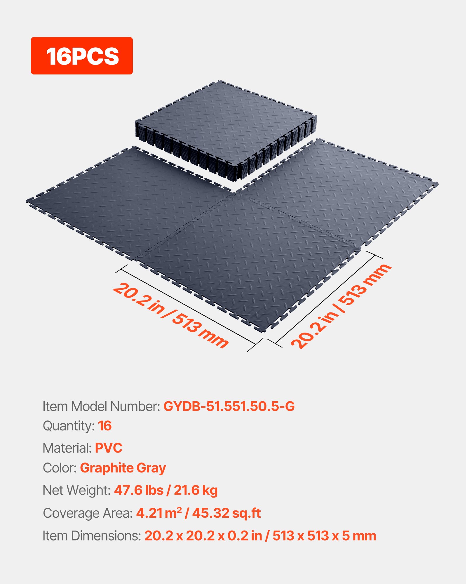 VEVOR PVC Garagenboden, 16er-Pack 513x513x5 mm, Werkstattboden, Industrieboden, Klick Verlegung, rutschfeste PVC-Matten mit Diamantplatte für Werkstatt, Lager, Werkzeugraum, Graphitgrau