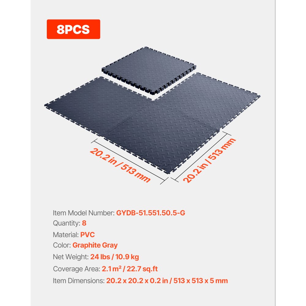 VEVOR PVC Garagenboden, 8er-Pack 513x513x5 mm, Werkstattboden, Industrieboden, Klick Verlegung, rutschfeste PVC-Matten mit Diamantplatte für Werkstatt, Lager, Werkzeugraum, Graphitgrau