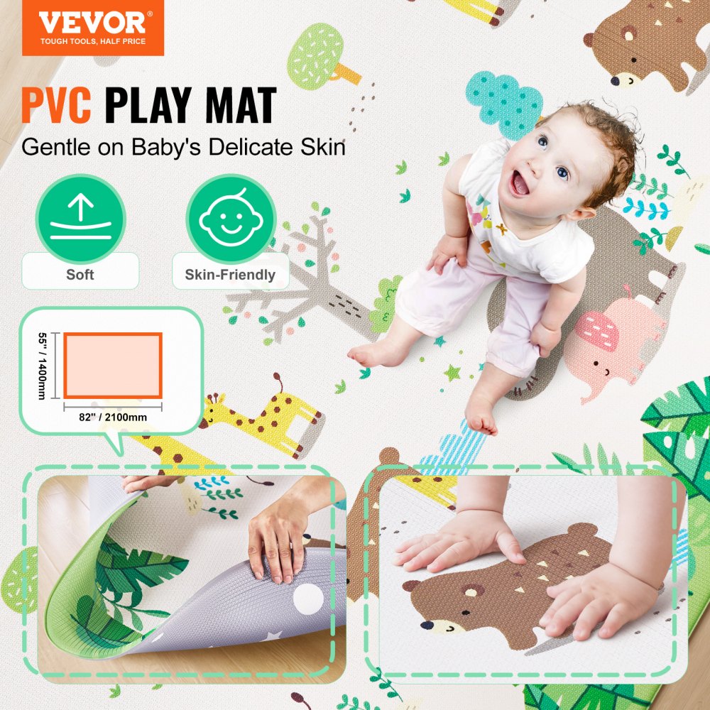 VEVOR Baby-Spielmatte, 139,7 x 208,3 cm, Baby-Krabbelmatte, rutschfeste, einteilige, weich gepolsterte Baby-Spielmatte, aufrollbare, wendbare Bodenmatte, wasserdichte Aktivitätsmatte, für Babys, Kleinkinder, Säuglinge, zum Spielen und Liegen auf dem Bauch