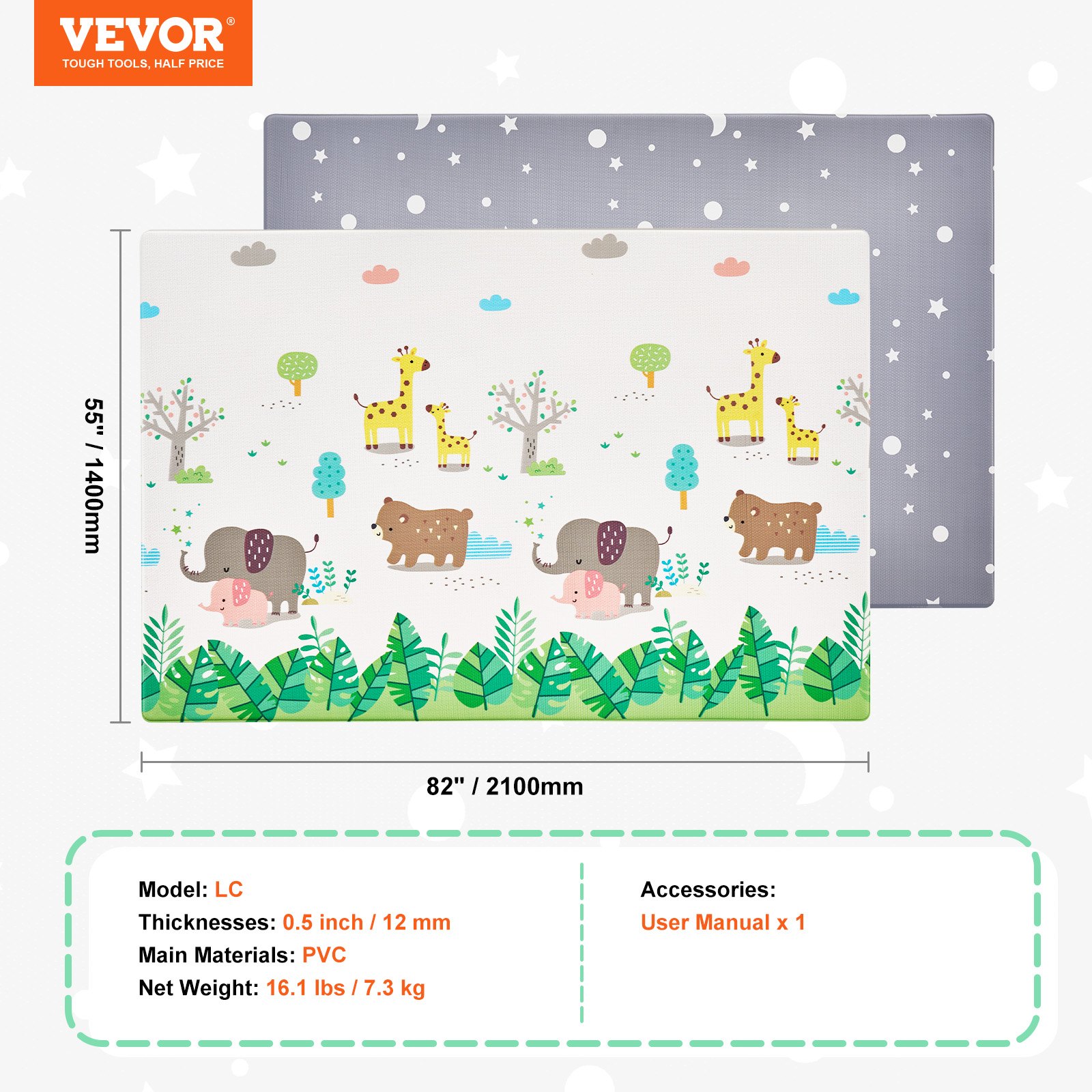 VEVOR Baby-Spielmatte, 139,7 x 208,3 cm, Baby-Krabbelmatte, rutschfeste, einteilige, weich gepolsterte Baby-Spielmatte, aufrollbare, wendbare Bodenmatte, wasserdichte Aktivitätsmatte, für Babys, Kleinkinder, Säuglinge, zum Spielen und Liegen auf dem Bauch