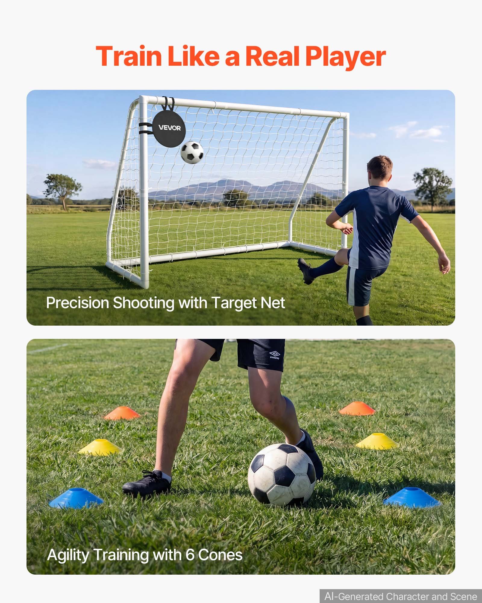 VEVOR Fußballtor 300 x 200 cm Tragbares PVC Outdoor-Soccertor mit PE-Netz, für Gärten, Parks und Schulen, Wetterfest, mit Bodenankern, Zielscheibe, 600D-Oxford-Tasche und Stabilität bei über 110 km/h
