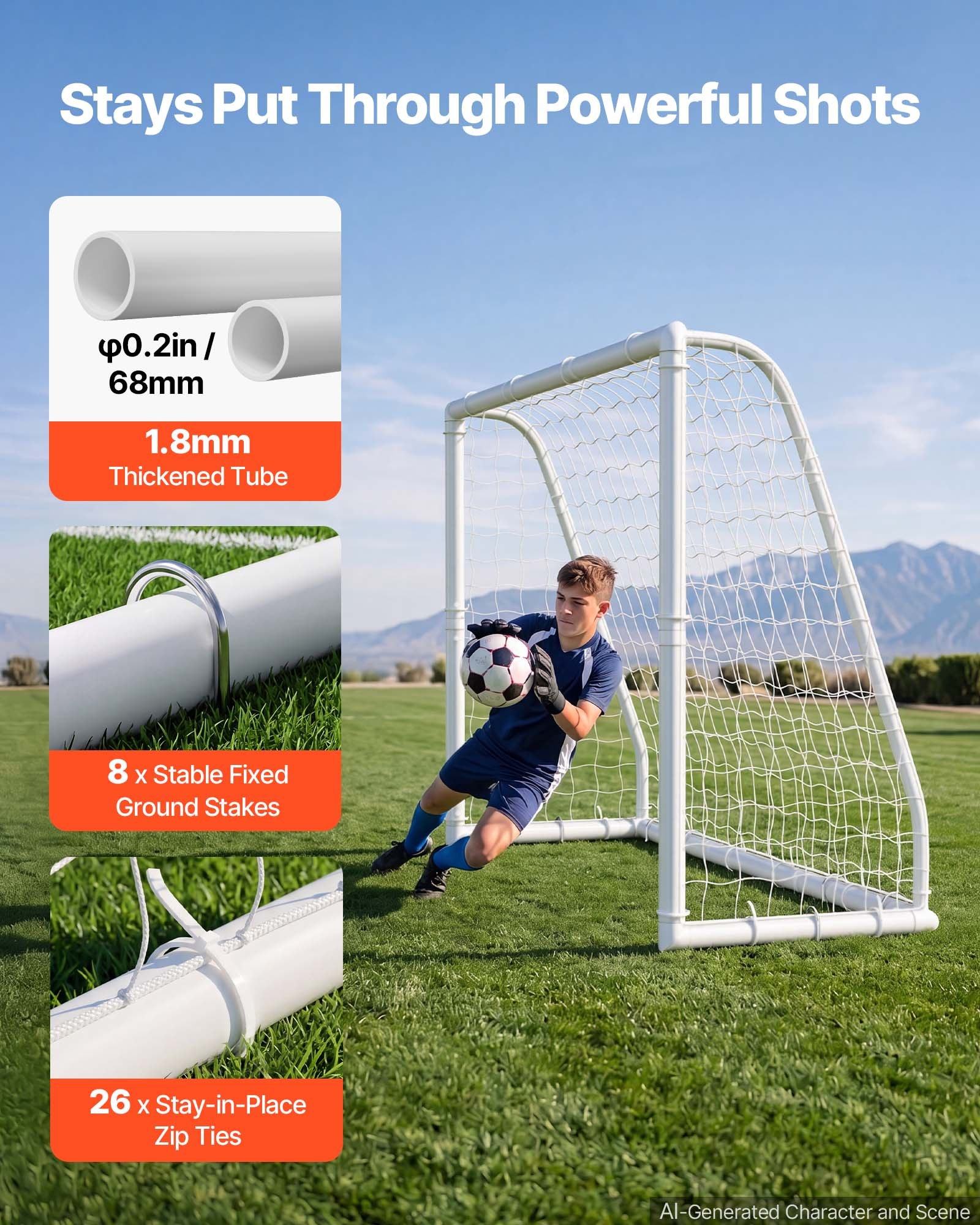 VEVOR Fußballtor 244 x 182 cm Tragbares PVC Outdoor-Soccertor mit PE-Netz, für Gärten, Parks und Schulen, Wetterfest, mit Bodenankern, Zielscheibe, 600D-Oxford-Tasche und Stabilität bei über 110 km/h