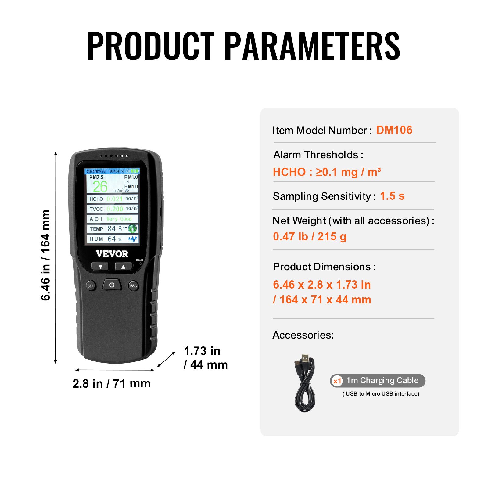 VEVOR Luftqualitätsmonitor 8-IN-1, professioneller Partikelzähler PM2.5 PM10 PM1.0, Formaldehyd, Temperatur, Luftfeuchtigkeit, TVOC AQI-Tester für Innen/Außen, Luftqualitätsmessgerät mit Alarmschwelle