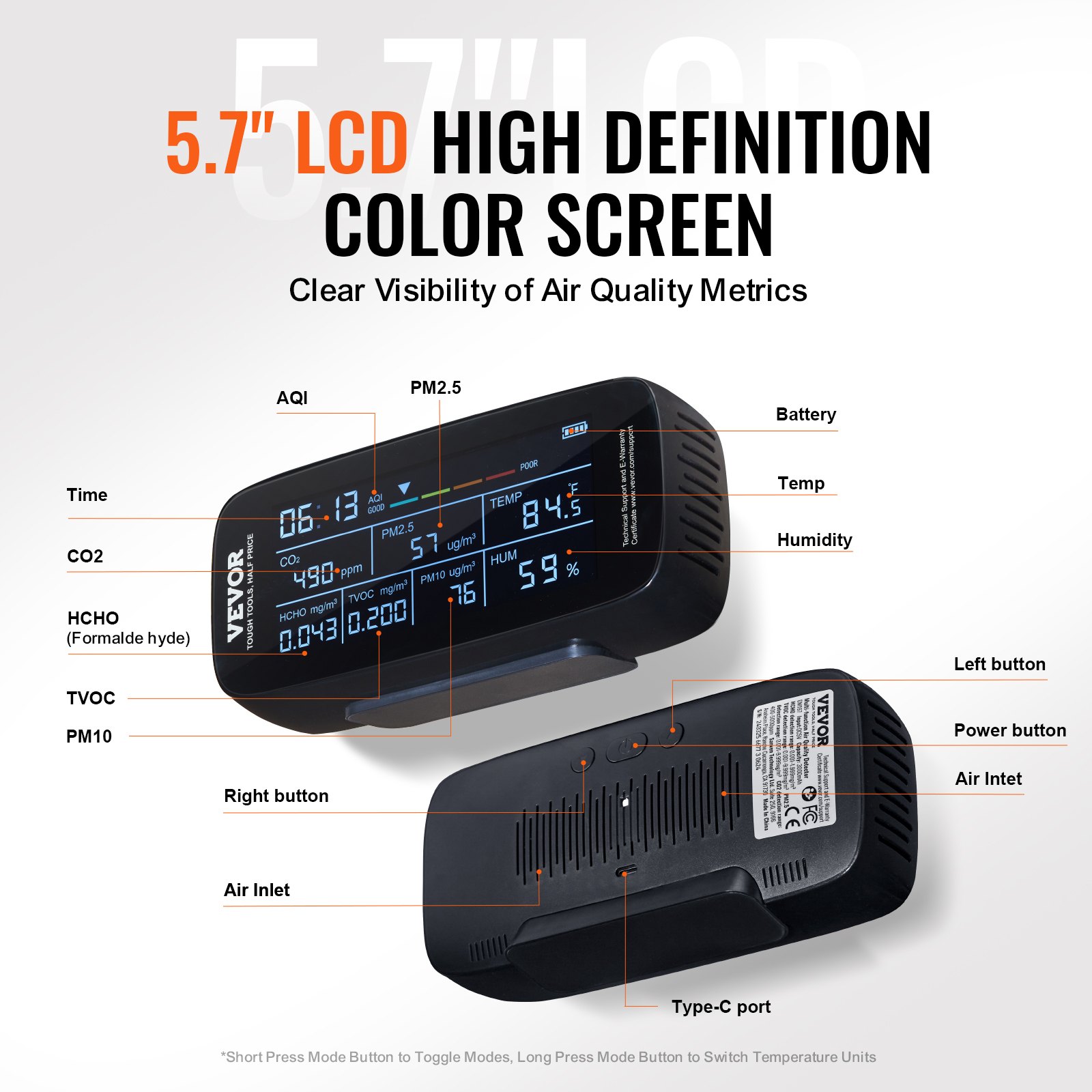 VEVOR Luftqualitätsmonitor 9-IN-1 CO2 Temperatur Luftfeuchtigkeit Formaldehyd TVOC AQI Tester professioneller PM2.5 PM10 PM1.0 Partikelzähler für Innen/Außen Luftqualitätsmessgerät mit Alarmschwellen