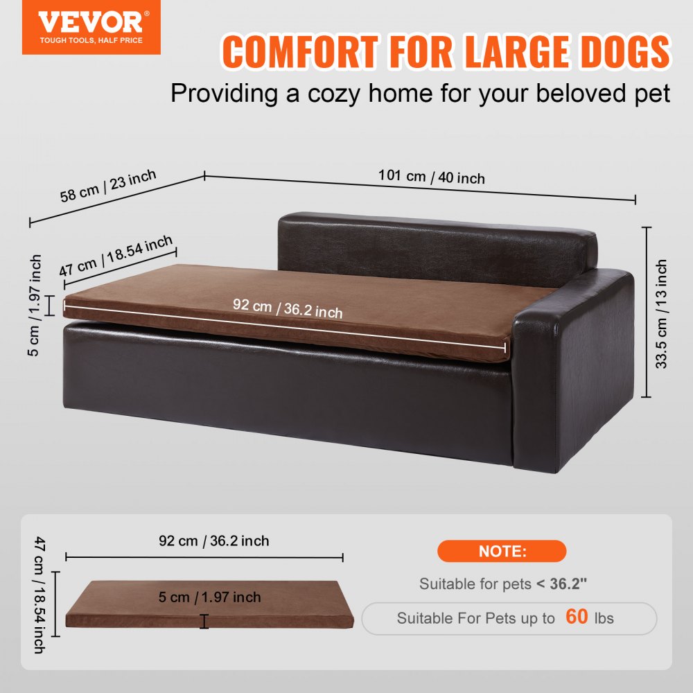 VEVOR Haustiersofa, Hundecouch für große Hunde und Katzen, Hundesofabett aus weichem Leder, 50 kg belastbares Katzensofa 101 x 58,5 x 33,5 cm