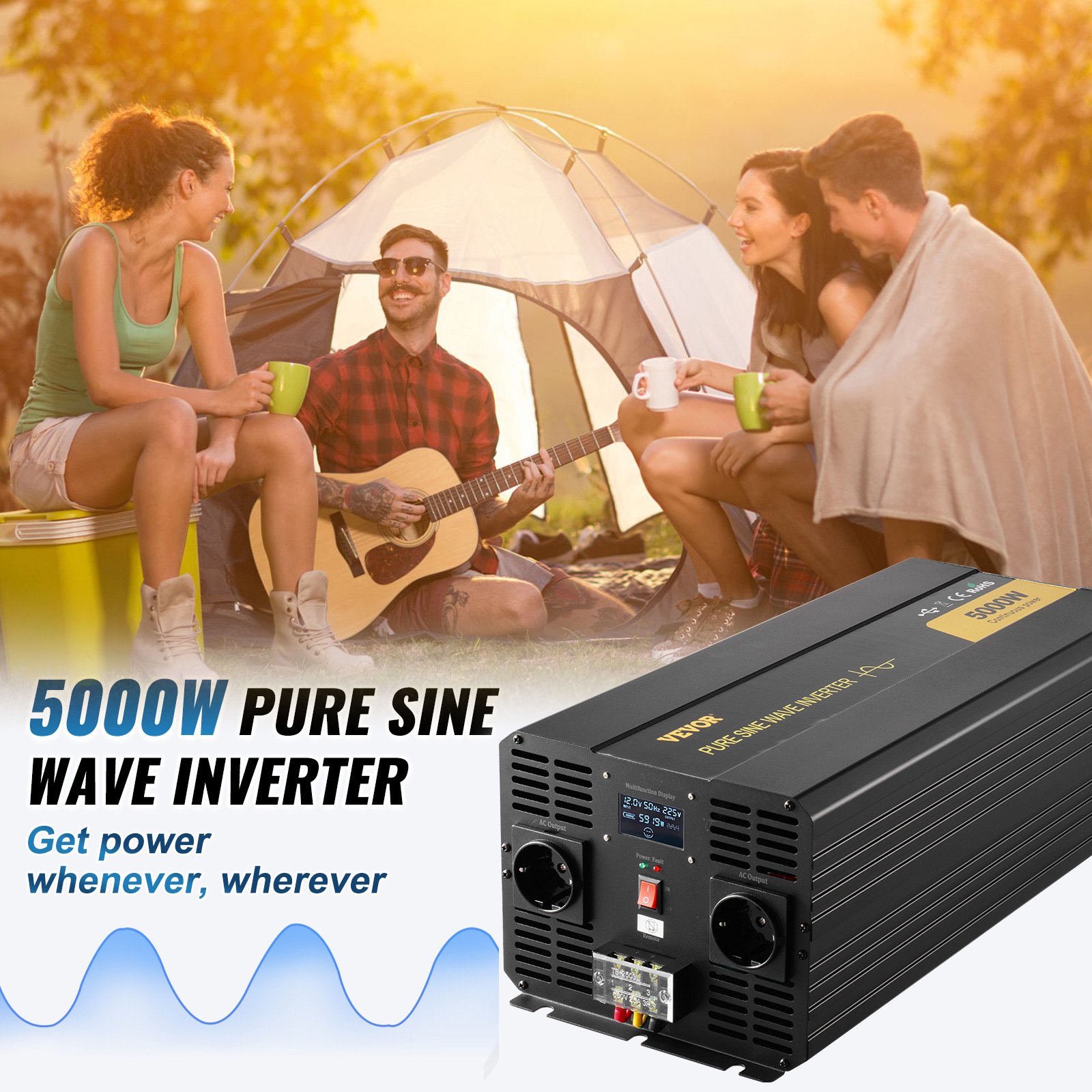 VEVOR Pure Sine Wave Inverter, 5000 Watts, Voltage Converter, DC 12V to AC 230V Car Inverter with LCD Display, USB Port and Remote Control, Voltage Converter for Car, RV, Truck, Solar System, Travel, Camping