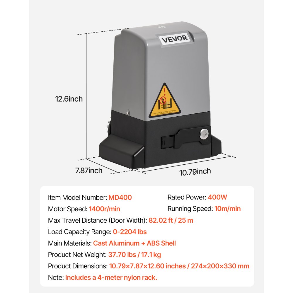 VEVOR Schiebetorantrieb, 400 W, Hoftorantrieb für Türen bis zu 25 m/1000 kg, Toröffner, Rolltormotor mit Nylon-Zahnstange, Infrarotsensor & 2 Fernbedienungen, Öffnungssystem für Einfahrtstore