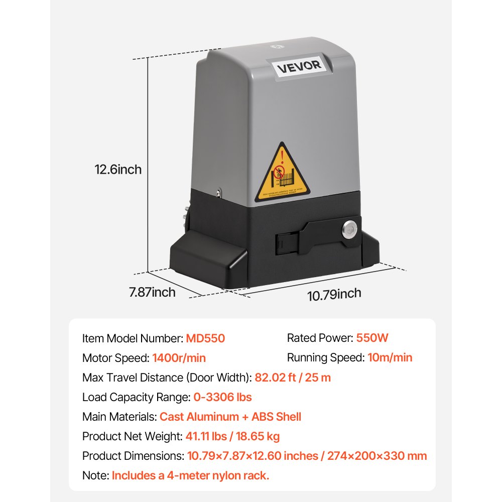 VEVOR Schiebetorantrieb, 550 W Hoftorantrieb für Türen bis zu 25 m und 1500 kg, Rolltormotor mit Nylon-Zahnstange, Infrarotsensor und 2 Fernbedienungen, Öffnungssystem für Einfahrtstore