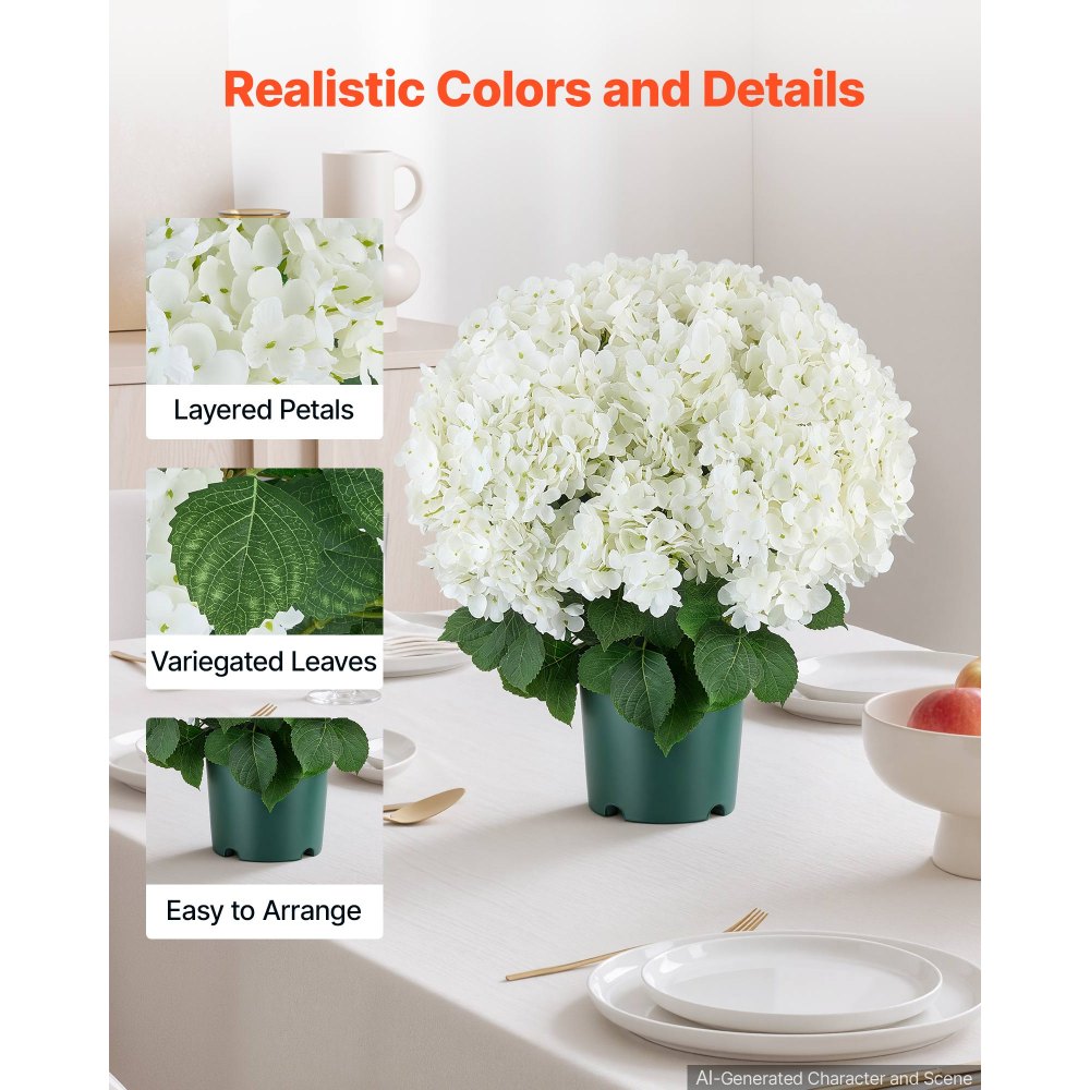 VEVOR 2er-Pack Kunstblumen im Topf 508 mm Hoch Gefälschte Hortensien Weiß, Künstliche Topfblumen für Wohnung Büro Café, aus Seidenstoff & PE-Kunststoff, Sofort Einsatzbereit, Pflegefreie Kunstpflanze