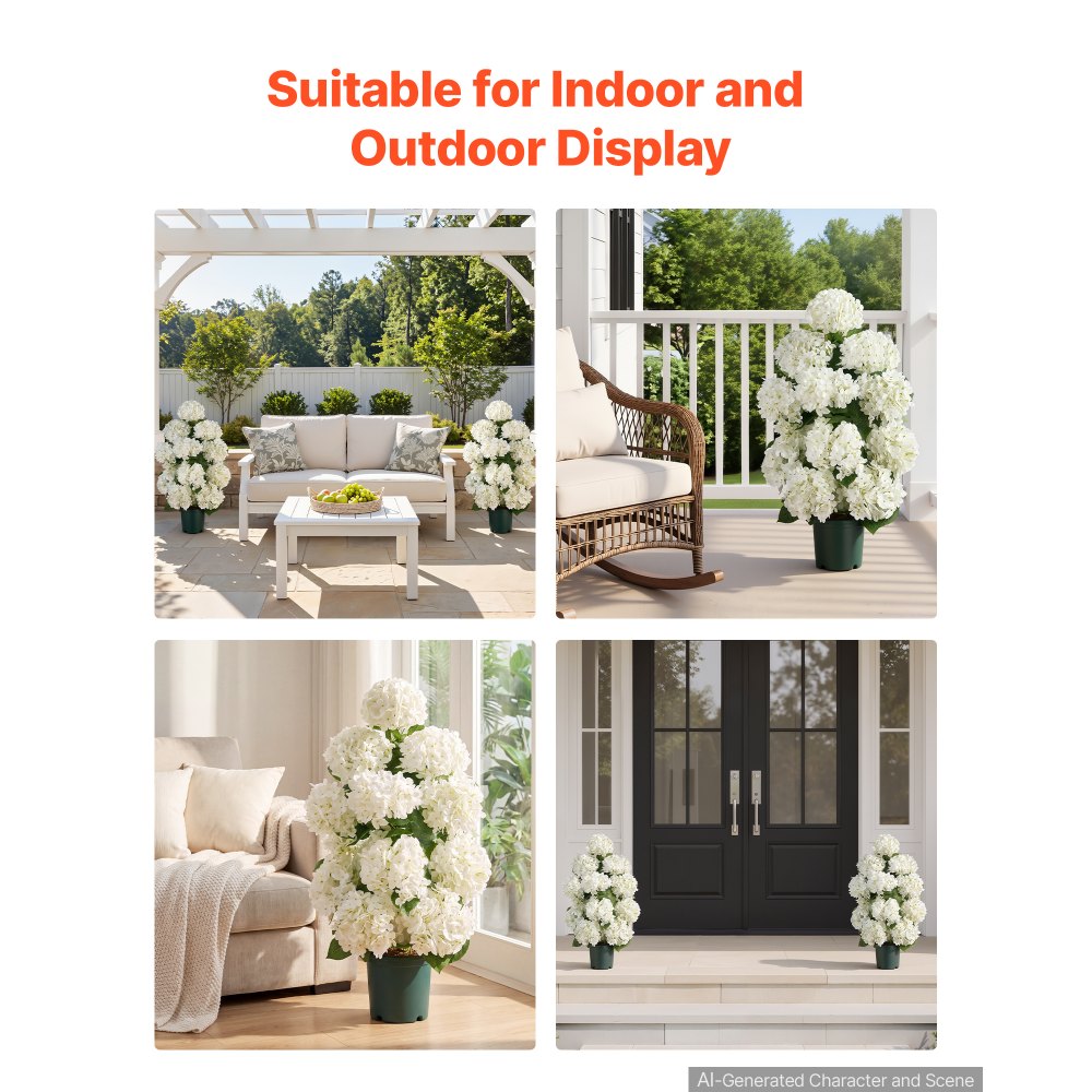 VEVOR 2er-Pack Kunstblumen im Topf 762 mm Hoch Gefälschte Hortensien Weiß, Künstliche Topfblumen für Veranda Terrasse & Zuhause, aus Seidenstoff & PE-Kunststoff, Sofort Einsatzbereite Deko, Pflegefrei