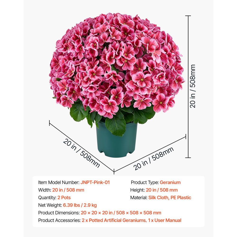 VEVOR 2er-Pack Kunstblumen im Topf 508 mm Gefälschte Geranien Tiefrosa, Künstliche Topfblumen für Zuhause Büro Café, aus Seidenstoff & PE-Kunststoff, Sofort Einsatzbereit, Pflegefreie Kunstpflanze