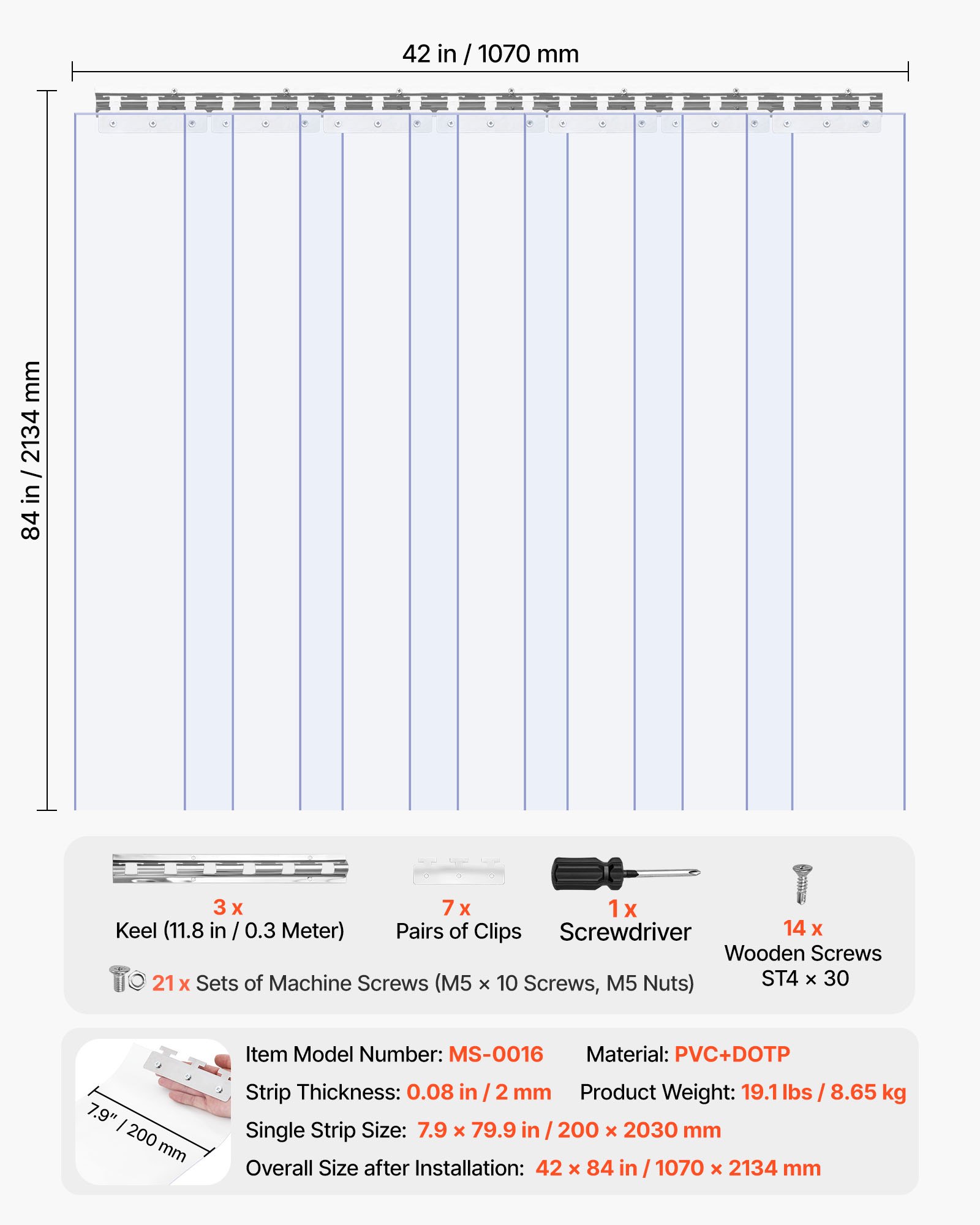 VEVOR Streifenvorhang, 213,4 cm Höhe x 106,7 cm Breite, 0,2 cm Dicke, 7 Stück transparenter PVC-Streifen-Türvorhang, Gefrierschrankvorhang, Kunststoff-Türstreifen für begehbare Gefrierschränke, Kühlschränke und Lagertüren, mit 50 % Überlappung
