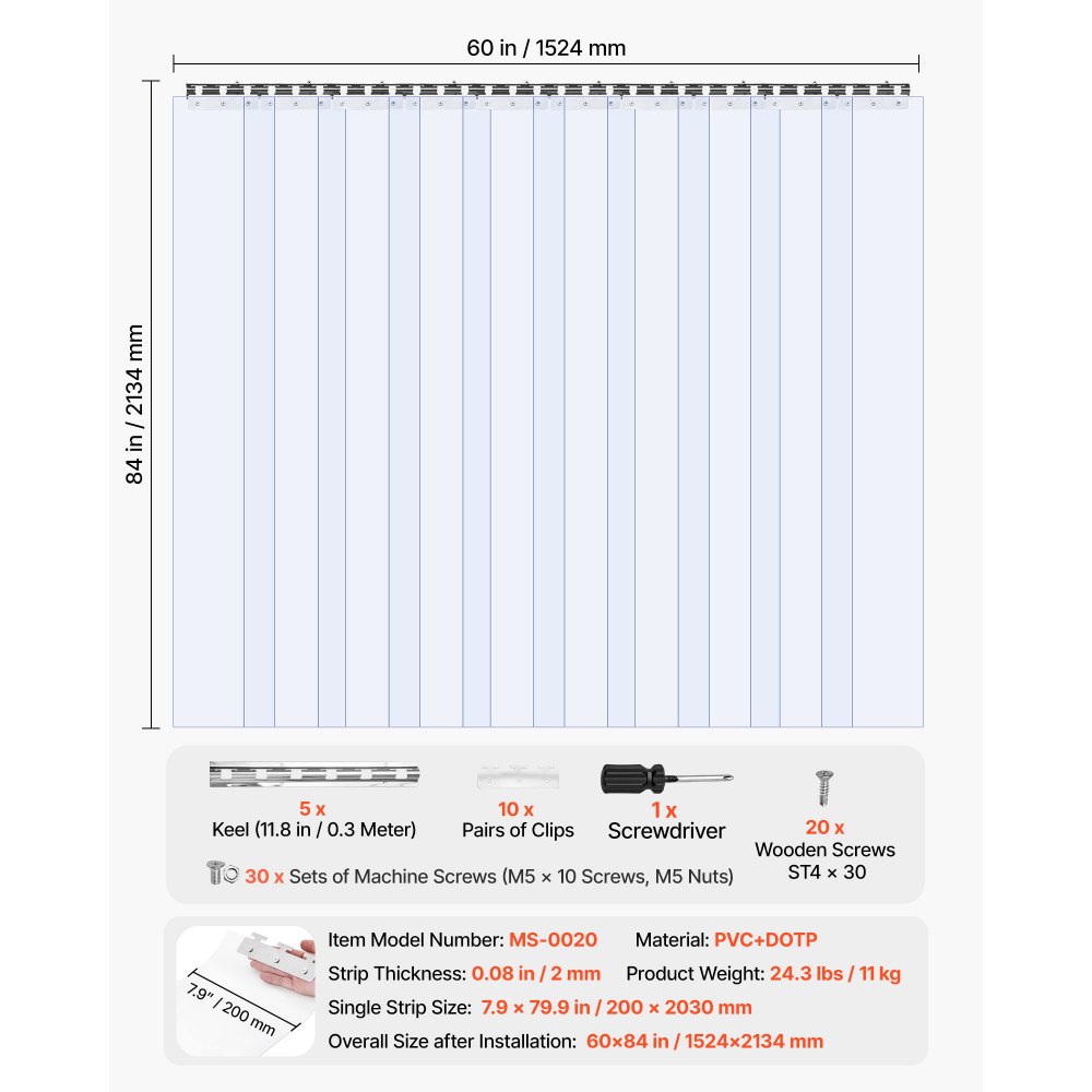 VEVOR Streifenvorhang, 213 cm Höhe x 152 cm Breite, 0,2 cm Dicke, 10 Stück transparenter PVC-Streifen-Türvorhang, Gefrierschrankvorhang, Kunststoff-Türstreifen für begehbare Gefrierschränke, Kühlschränke und Lagertüren, mit 50 % Überlappung