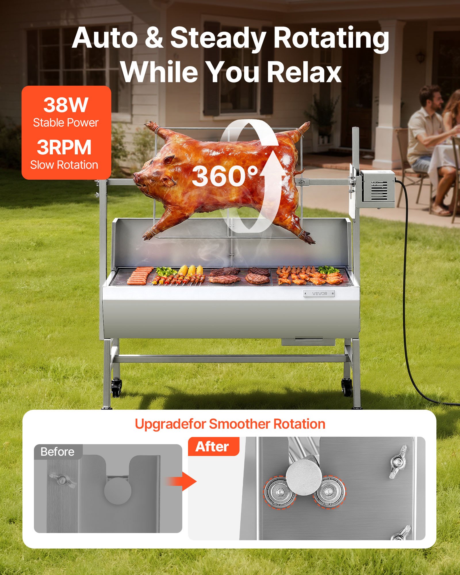 VEVOR Drehspießgrill 38 W Spanferkelgrill Lammgrill Holzkohlegrill (94 cm Grilllänge) mit 60 kg Tragkraft & 7-facher Höhenverstellung & Schutzblech, Edelstahl-Elektrogrill-Set für Camping Outdoor