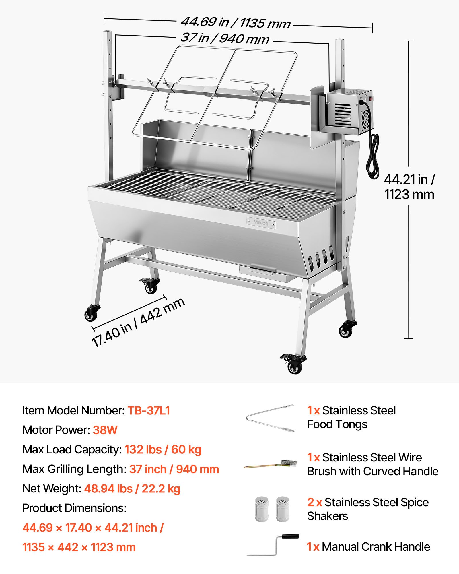 VEVOR Drehspießgrill 38 W Spanferkelgrill Lammgrill Holzkohlegrill (94 cm Grilllänge) mit 60 kg Tragkraft & 7-facher Höhenverstellung & Schutzblech, Edelstahl-Elektrogrill-Set für Camping Outdoor