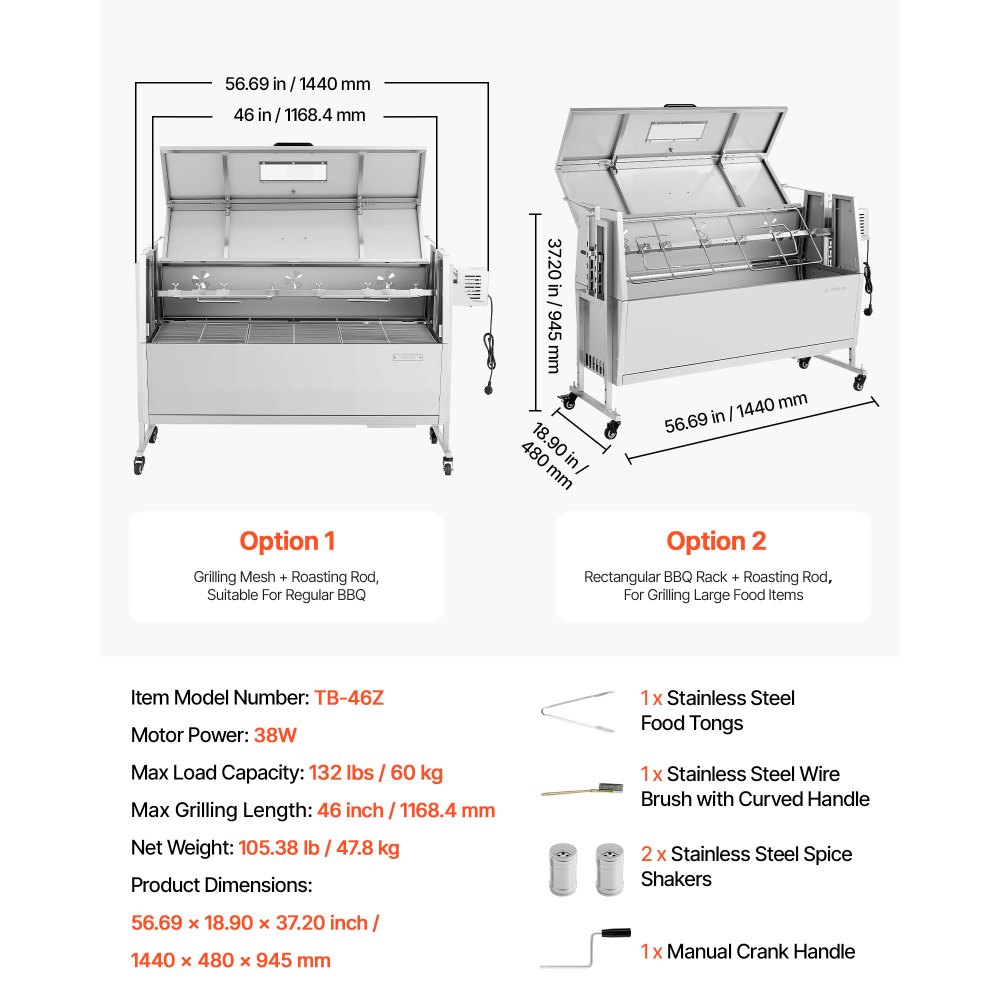 VEVOR Drehspießgrill 38 W Spanferkelgrill Lammgrill Holzkohlegrill (1168,4 mm Grilllänge) mit 60 kg Tragkraft & Rädern & 4-facher Höhenverstellung & Deckel, Edelstahl-Elektrogrill-Set für Camping