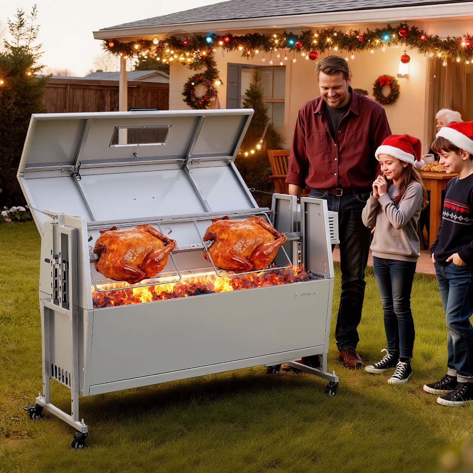 VEVOR Drehspießgrill 38 W Spanferkelgrill Lammgrill Holzkohlegrill (1168,4 mm Grilllänge) mit 60 kg Tragkraft & Rädern & 4-facher Höhenverstellung & Deckel, Edelstahl-Elektrogrill-Set für Camping