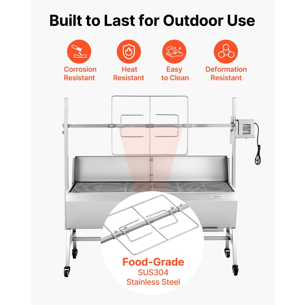 VEVOR Drehspießgrill 38 W Spanferkelgrill Lammgrill Holzkohlegrill (1218 mm Grilllänge) mit 60 kg Tragkraft & Rädern & 4-facher Höhenverstellung & Schutzblech, Elektrogrill-Set für Camping