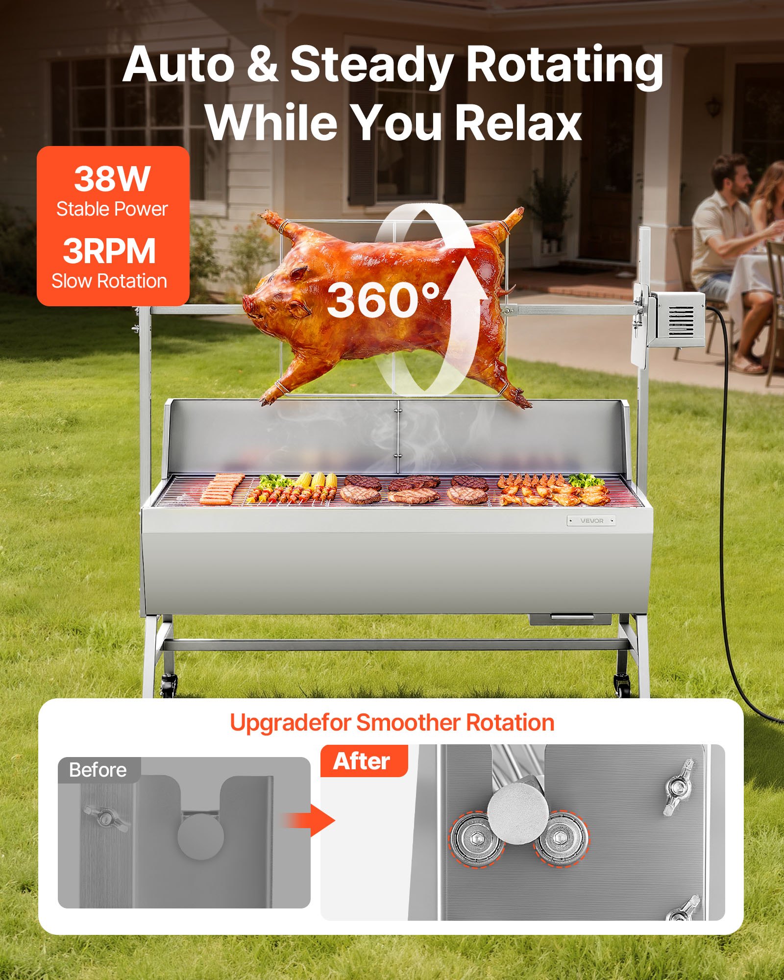 VEVOR Drehspießgrill 38 W Spanferkelgrill Lammgrill Holzkohlegrill (1218 mm Grilllänge) mit 60 kg Tragkraft & Rädern & 4-facher Höhenverstellung & Schutzblech, Elektrogrill-Set für Camping