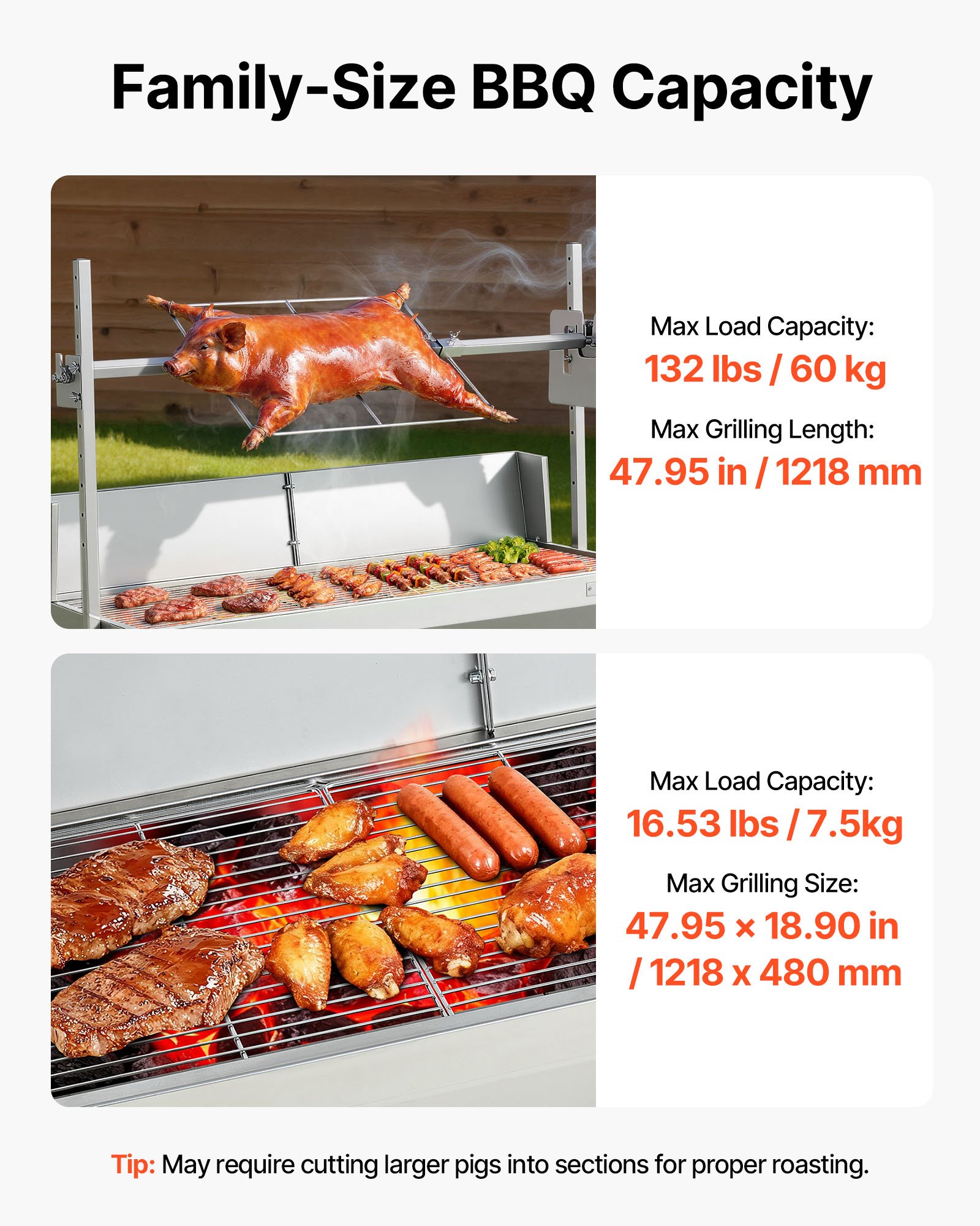 VEVOR Drehspießgrill 38 W Spanferkelgrill Lammgrill Holzkohlegrill (1218 mm Grilllänge) mit 60 kg Tragkraft & Rädern & 4-facher Höhenverstellung & Schutzblech, Elektrogrill-Set für Camping