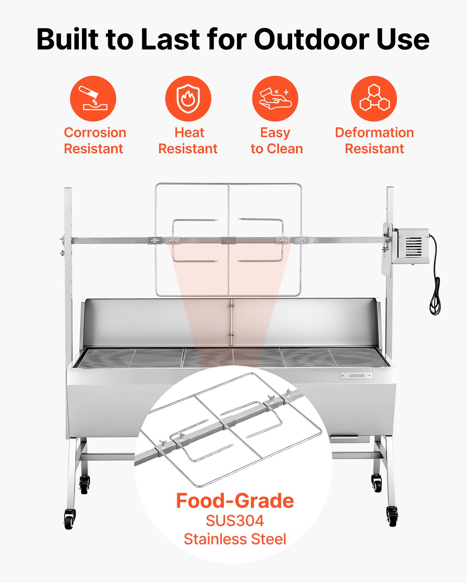 VEVOR Drehspießgrill 38 W Spanferkelgrill Lammgrill Holzkohlegrill (1218 mm Grilllänge) mit 60 kg Tragkraft & Rädern & 4-facher Höhenverstellung & Schutzblech, Elektrogrill-Set für Camping